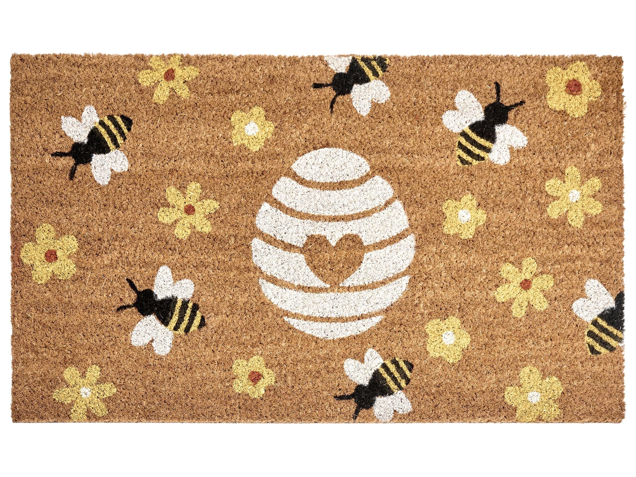 Beliani Paillasson en Fibre de Coco 45 x 75 cm Antidérapant Dessous en PVC Motif Abeilles et Fleurs Naturel Kigalik