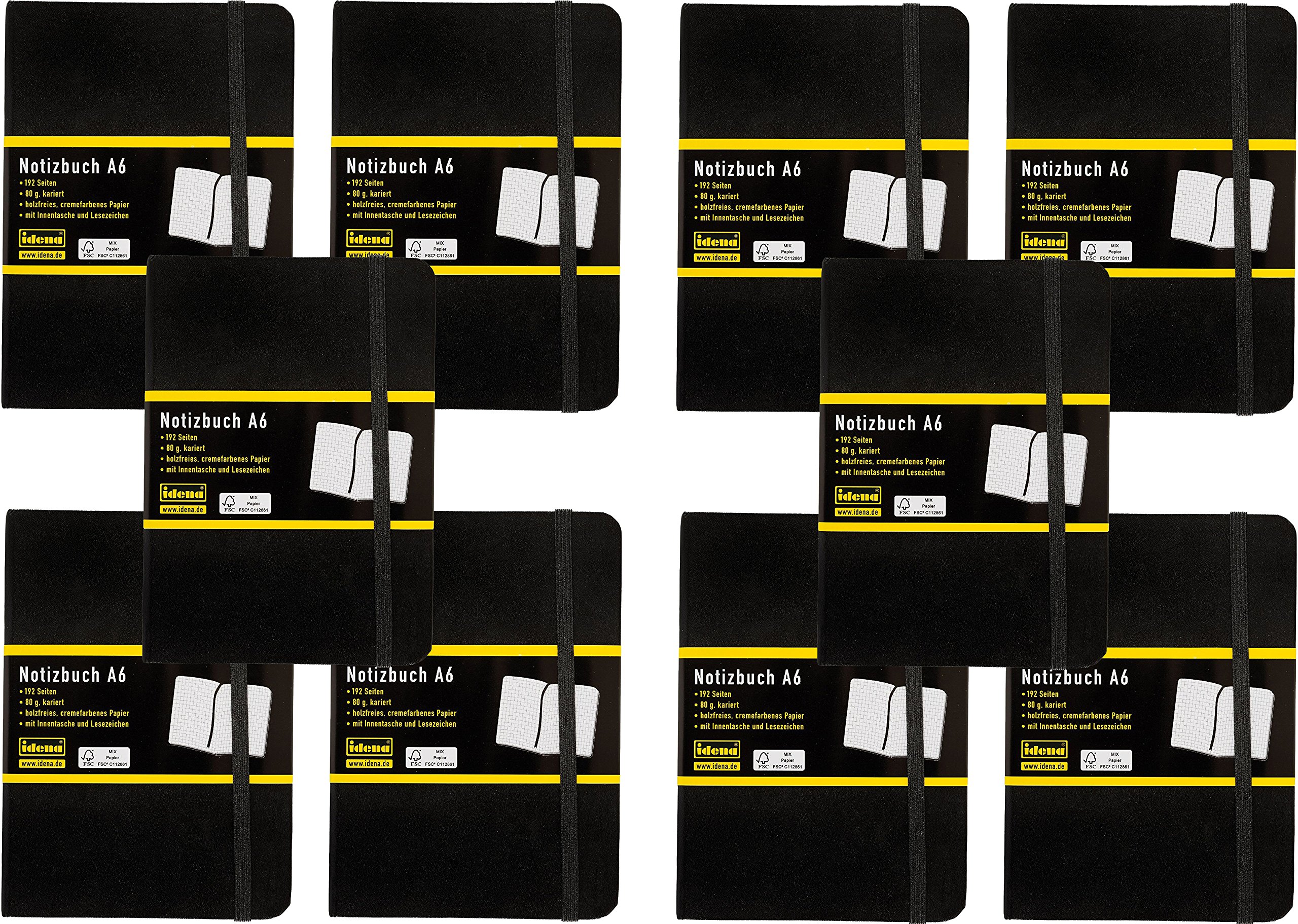 Idena 209282 - Notizbuch DIN A6, kariert, Papier cremefarben, 192 Seiten, 80 g/m², Hardcover in Schwarz (Notizbuch, 10x DIN A6)