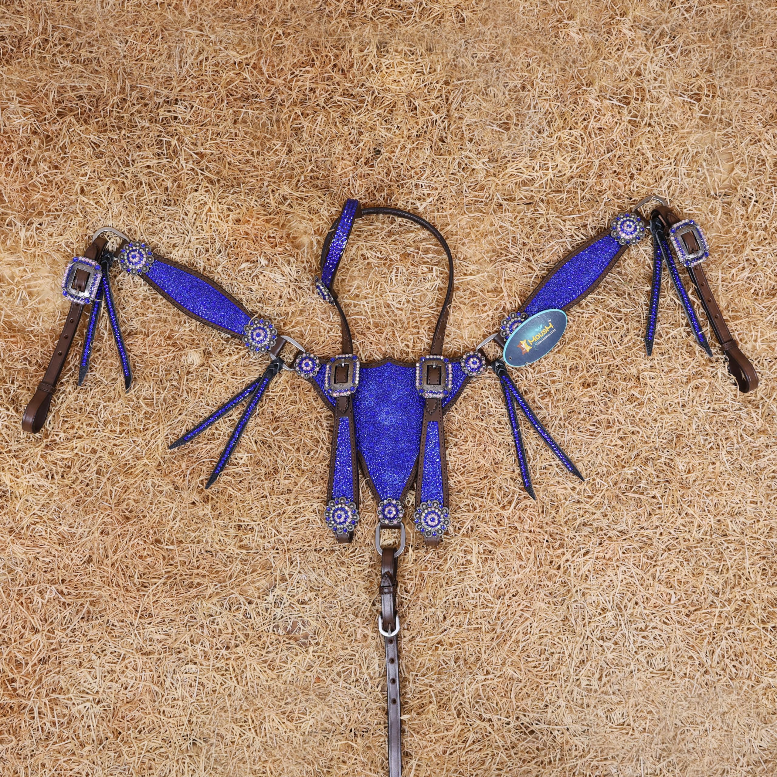 MOUSM Western Headstall & Breast Collar Tack Set – Gladiator Style with Clyster Stones & Leather Fringe | Genuine Argentine Cow Leather | Antique Nickel Hardware (Royal Blue)