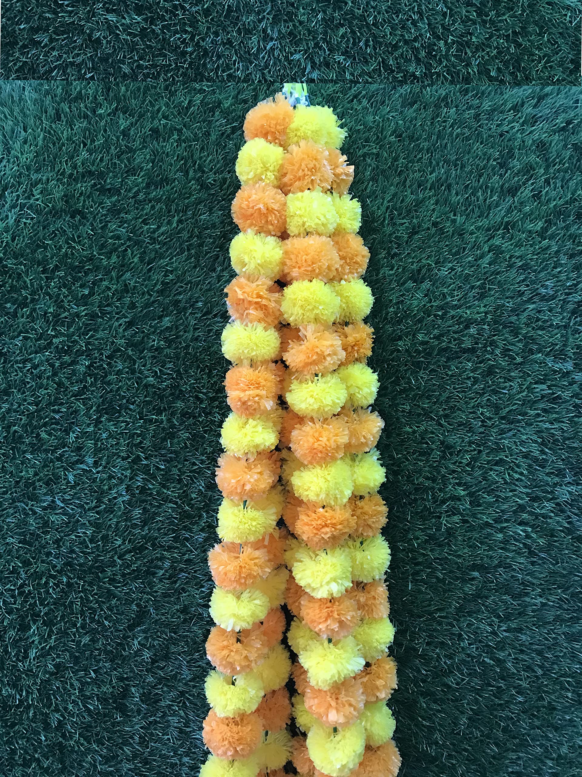 Krati Exports Ghirlanda di calendula da 1,5 m, decorazione indiana/americana per feste di nozze, ghirlande finte, ghirlande di nozze, decorazione Diwali, fiori primaverili (giallo e arancione scuro