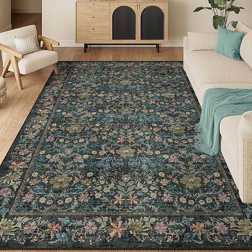 DUKINO 5x7 Vintage Floral Washable Rug (Blue)