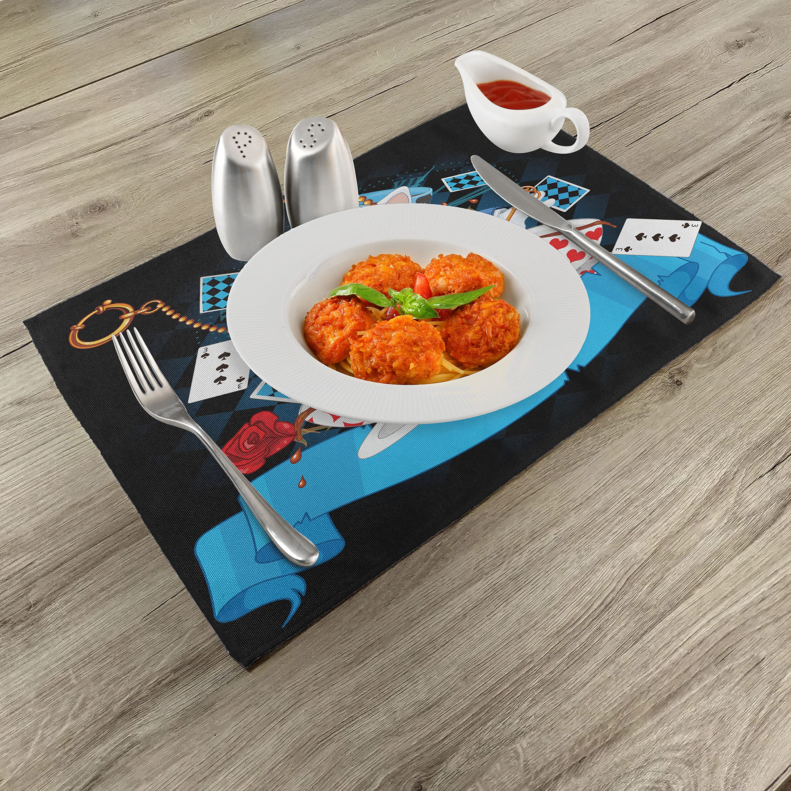ABAKUHAUS Alice nel Paese delle Meraviglie Tovaglietta Americana Set di 4, Fata Avventura, Tovagliette in Tessuto Lavabile per Tavolo da Pranzo Cena, Nero Bianco