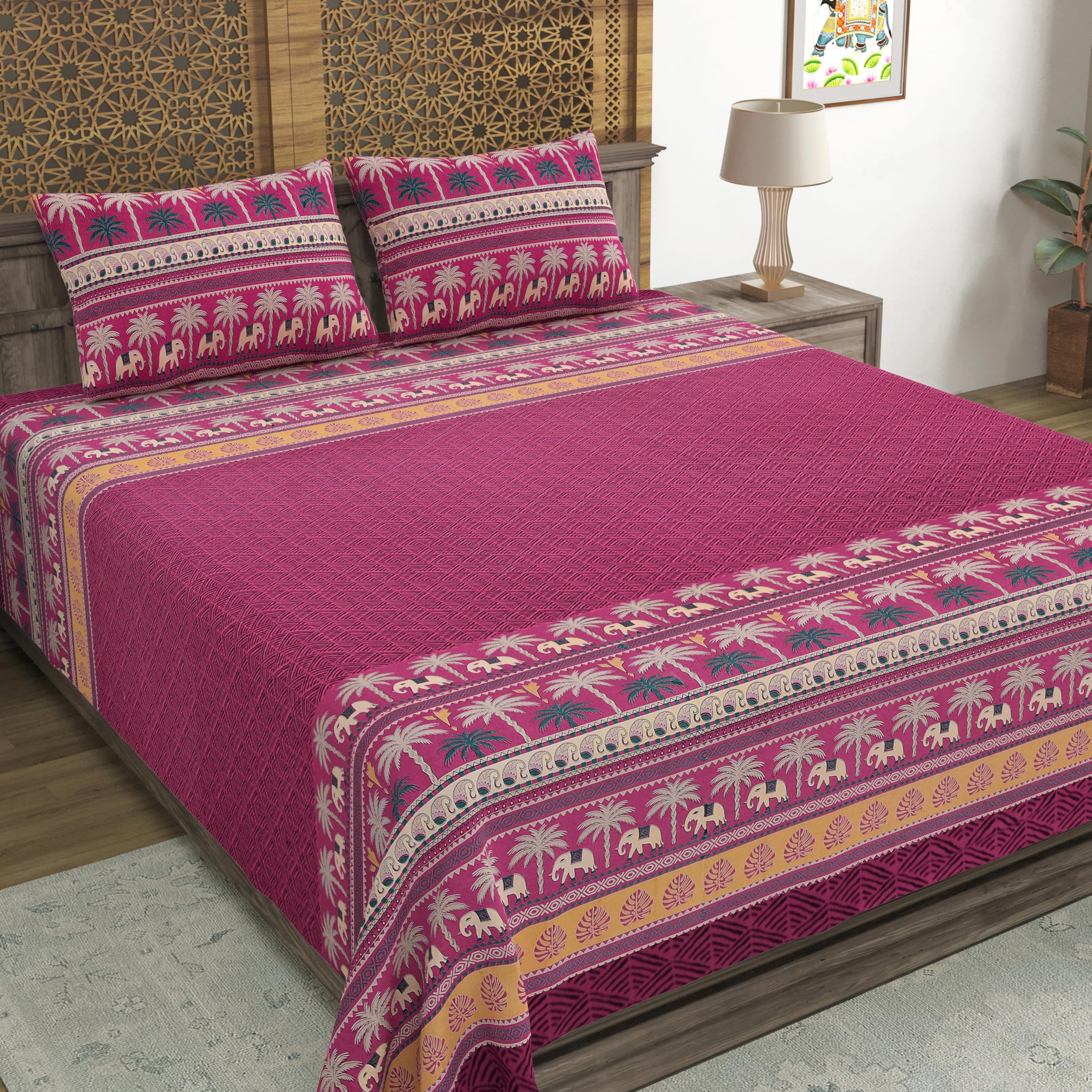 BLOCKS OF INDIA Hand Block Printed 200 TC Cotton Super King Size Bedsheet(106 x 106) | Pack of 1, Batik Maroon Elephant-image-37