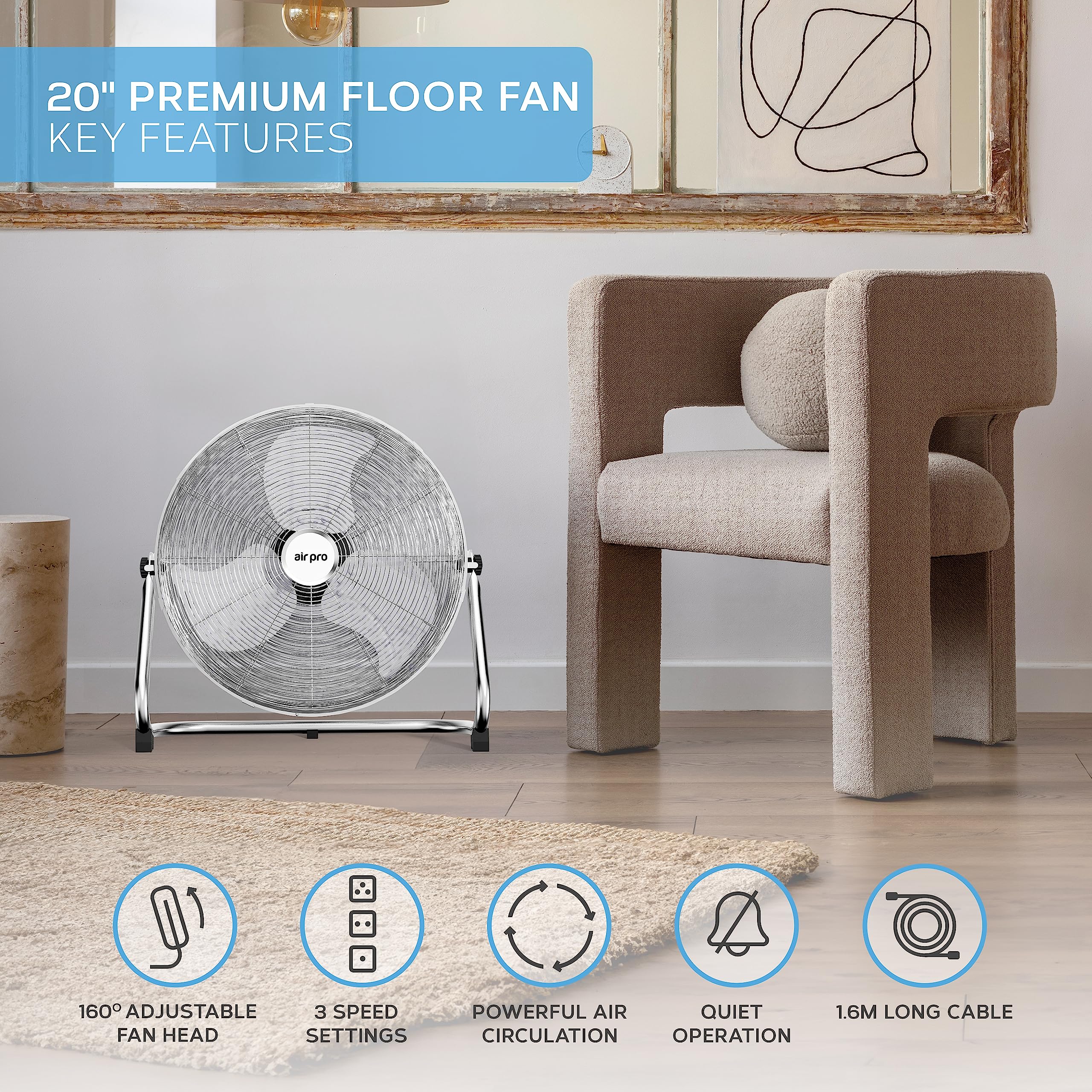 Air Pro 20" Floor Fan - Powerful Air Cooling & Circulating Fan with 3 Speed Setting & Adjustable Tilt - Indoor Home, Office, Gym Fan Quiet Portable Electric Fan with Metal Blade & Body 1.6m Long Cable