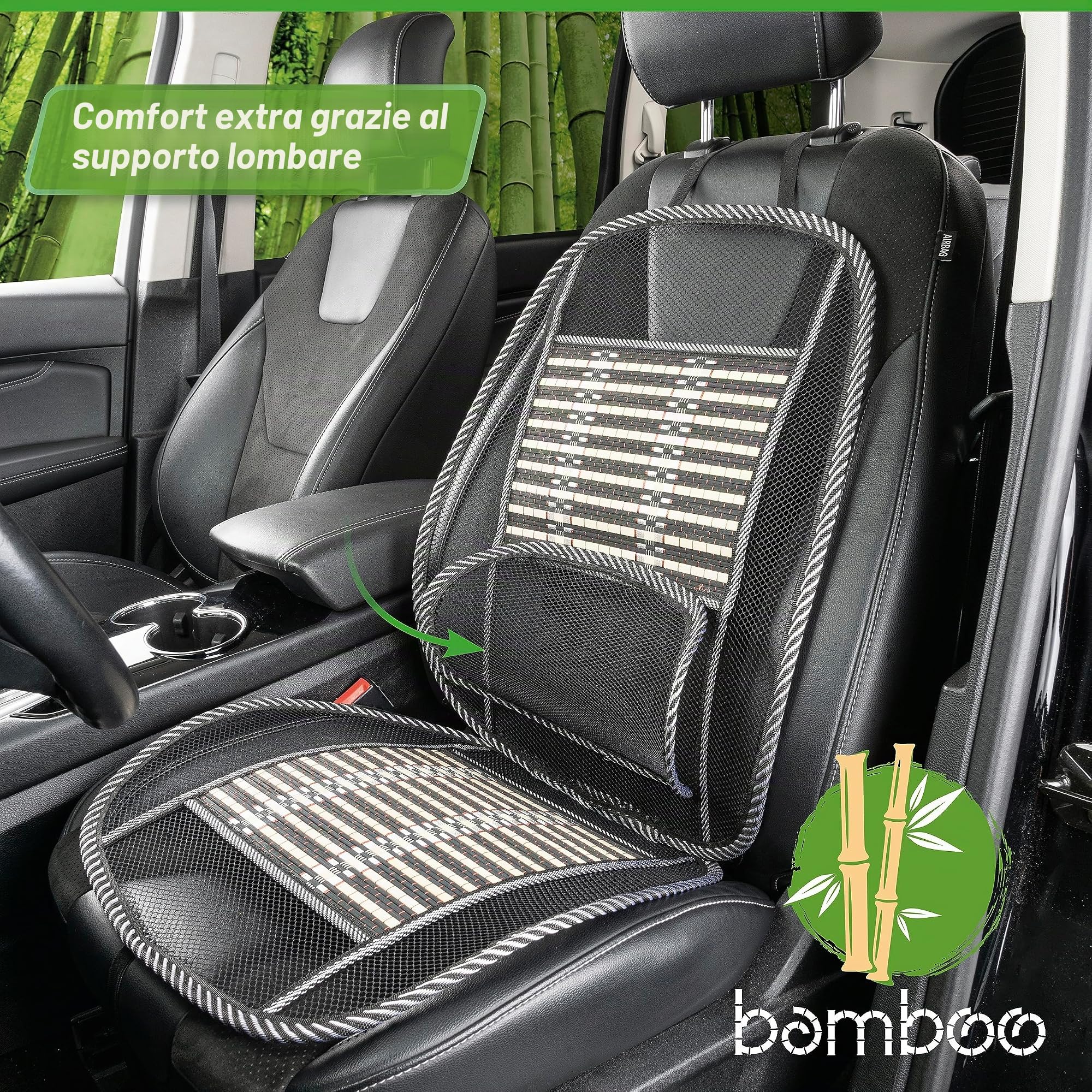 Walser CarComfort coprisedile in bambù traspirante con supporto lombare, coprisedile auto con bambù, rivestimento auto universale in beige/nero