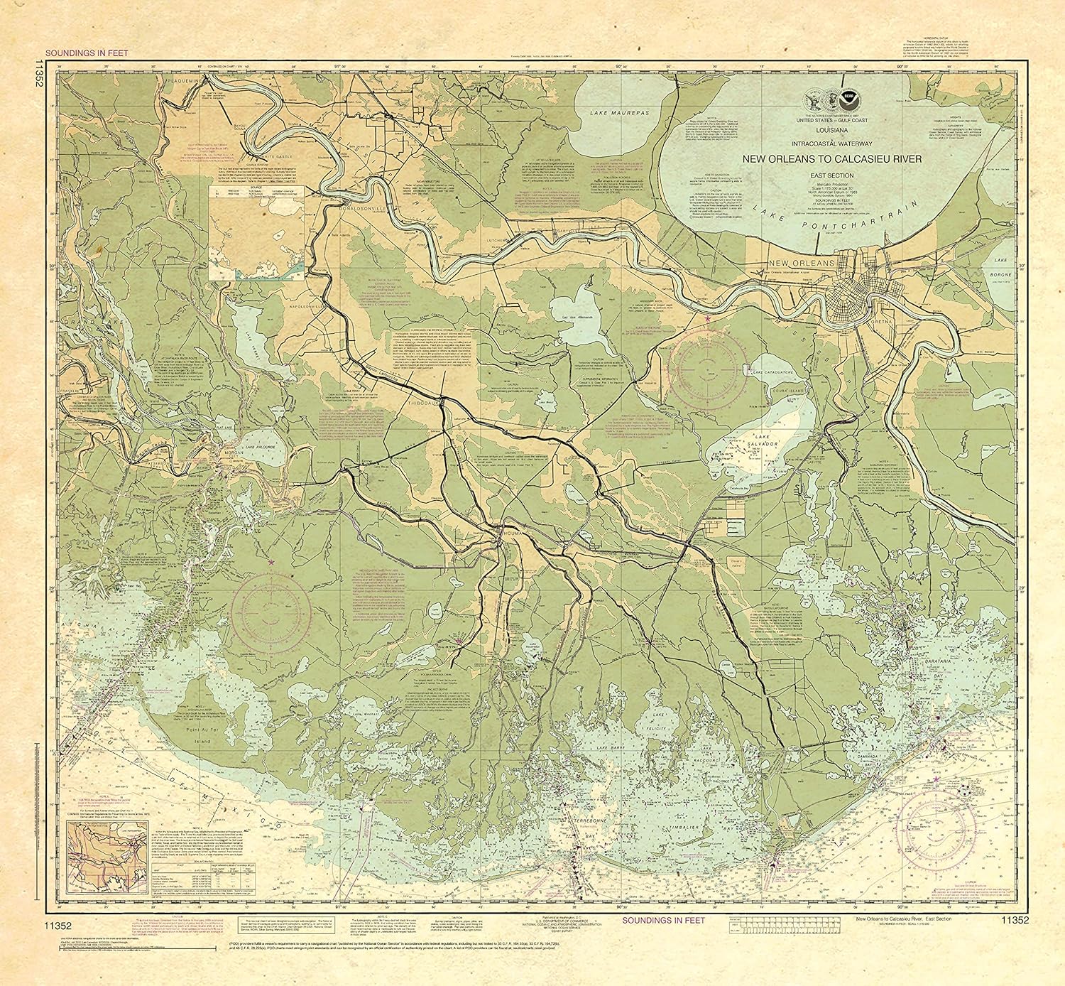 Paradise Cay Publications, Inc. Antiqued NOAA Chart 11352: Intracoastal Waterway New Orleans to Calcasieu River East Section