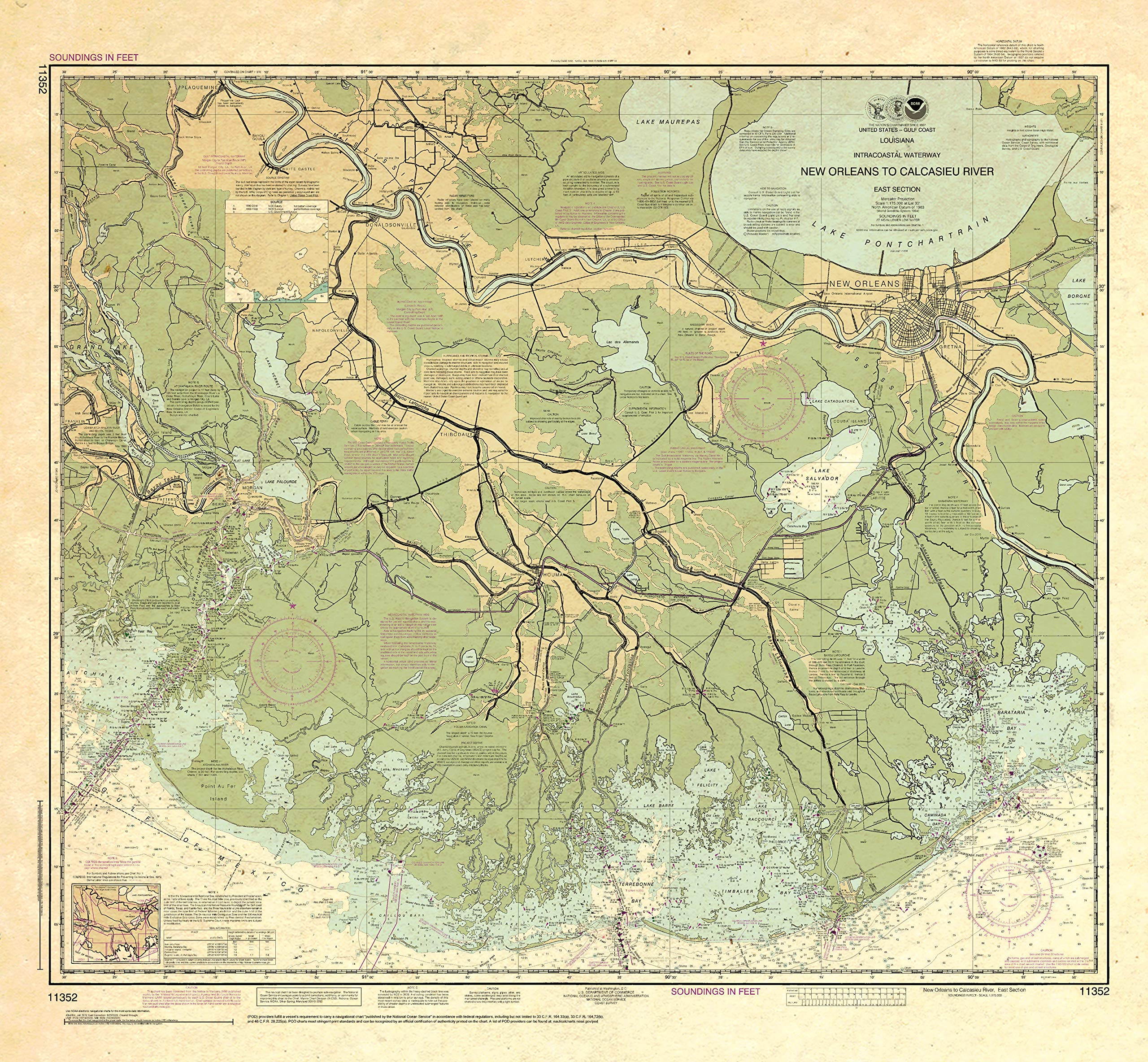 Paradise Cay Publications, Inc. Antiqued NOAA Chart 11352: Intracoastal Waterway New Orleans to Calcasieu River East Section