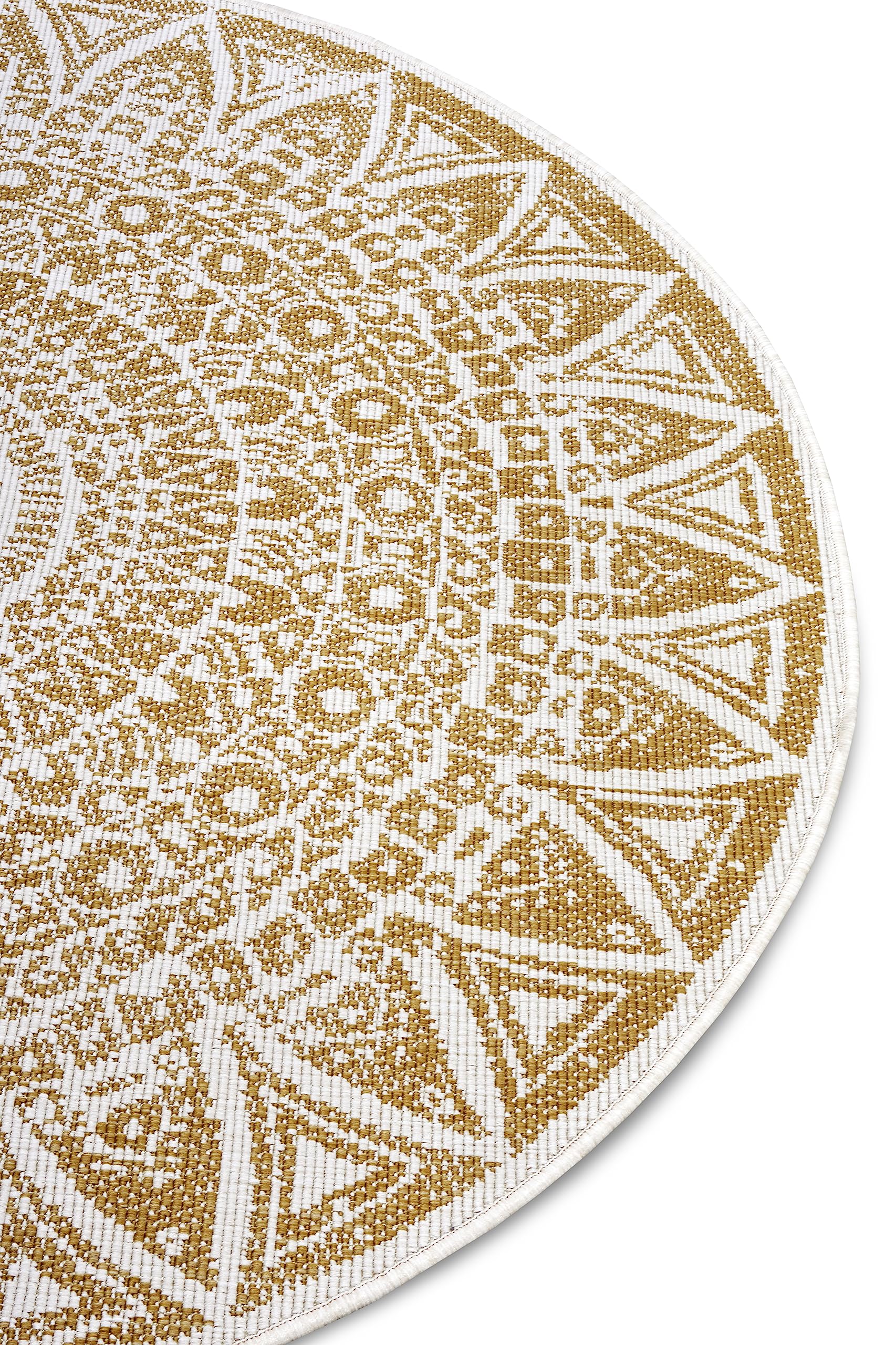 freundin Home Collection Lilja - Tappeto reversibile per interni ed esterni, rotondo, design bohémien, resistente alle intemperie e ai raggi UV, per balcone, terrazza, giardino, ocra, ø 140 cm