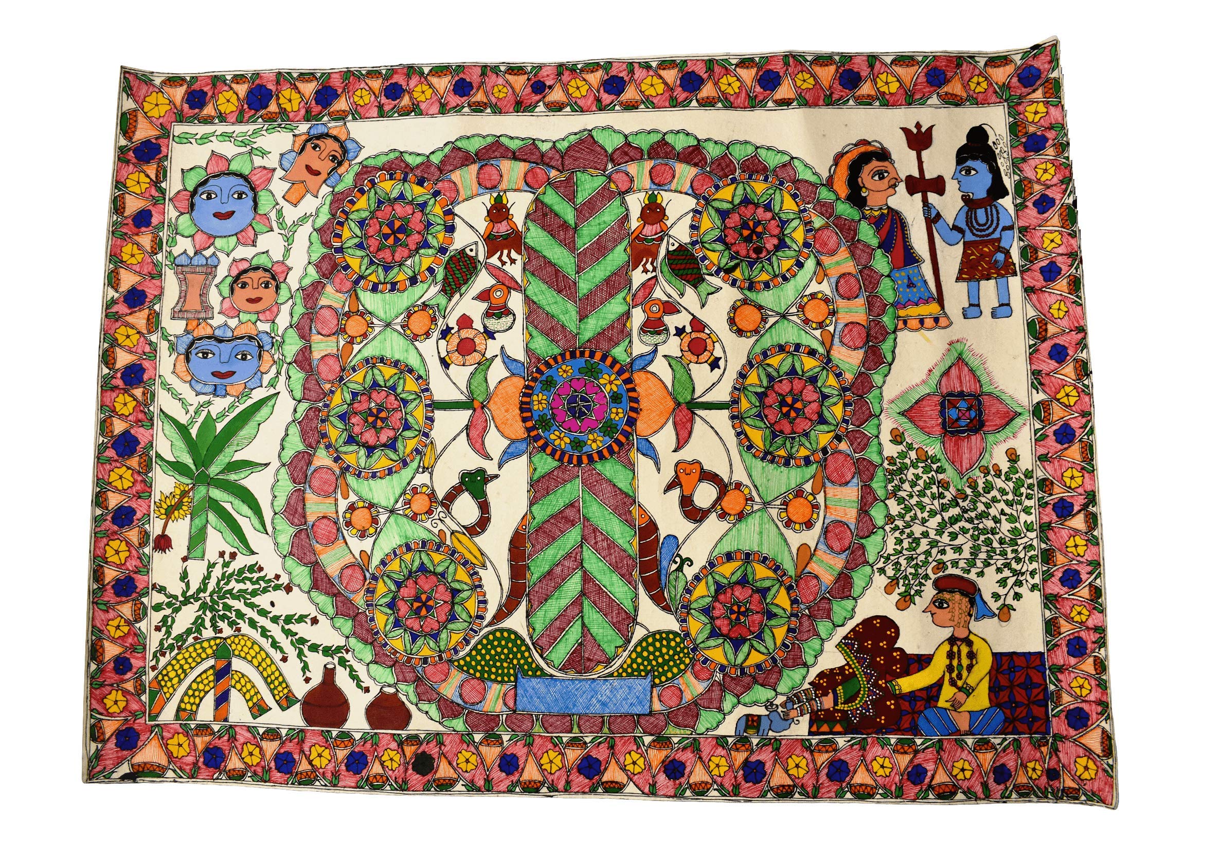 MINI ART Fully Handmade Religious Mithila Painting/Madhubani Painting of Kohbar (27.5X22.5 Inch, Multicolour)