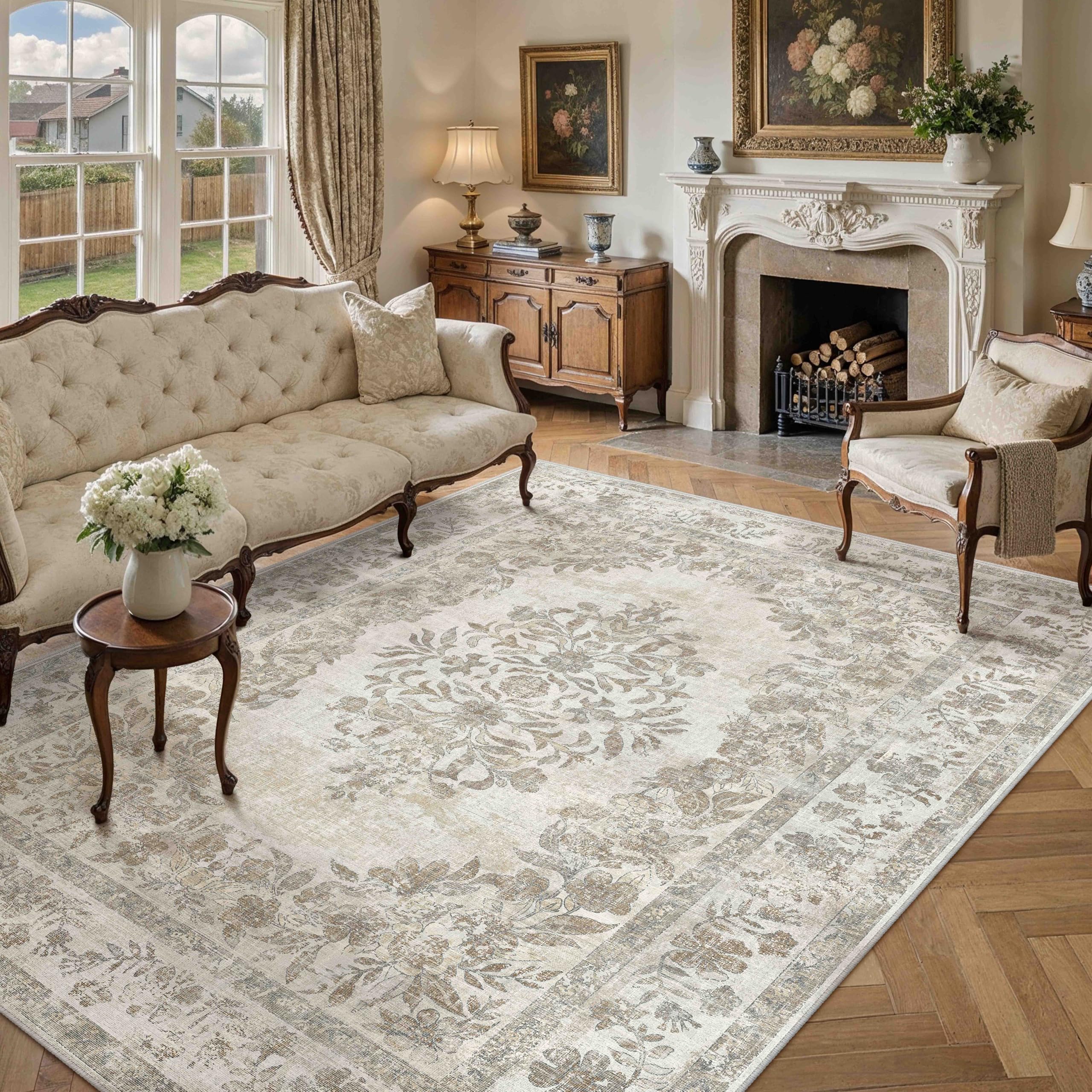 PureCozy 7'x9' Area Rug Beige Washable Vintage Distressed Living Room Carpet Large Bedroom Indoor Medallion Floral Non Slip Retro Throw Floor Mat for Office Dining Room Kitchen Bathroom — image 1