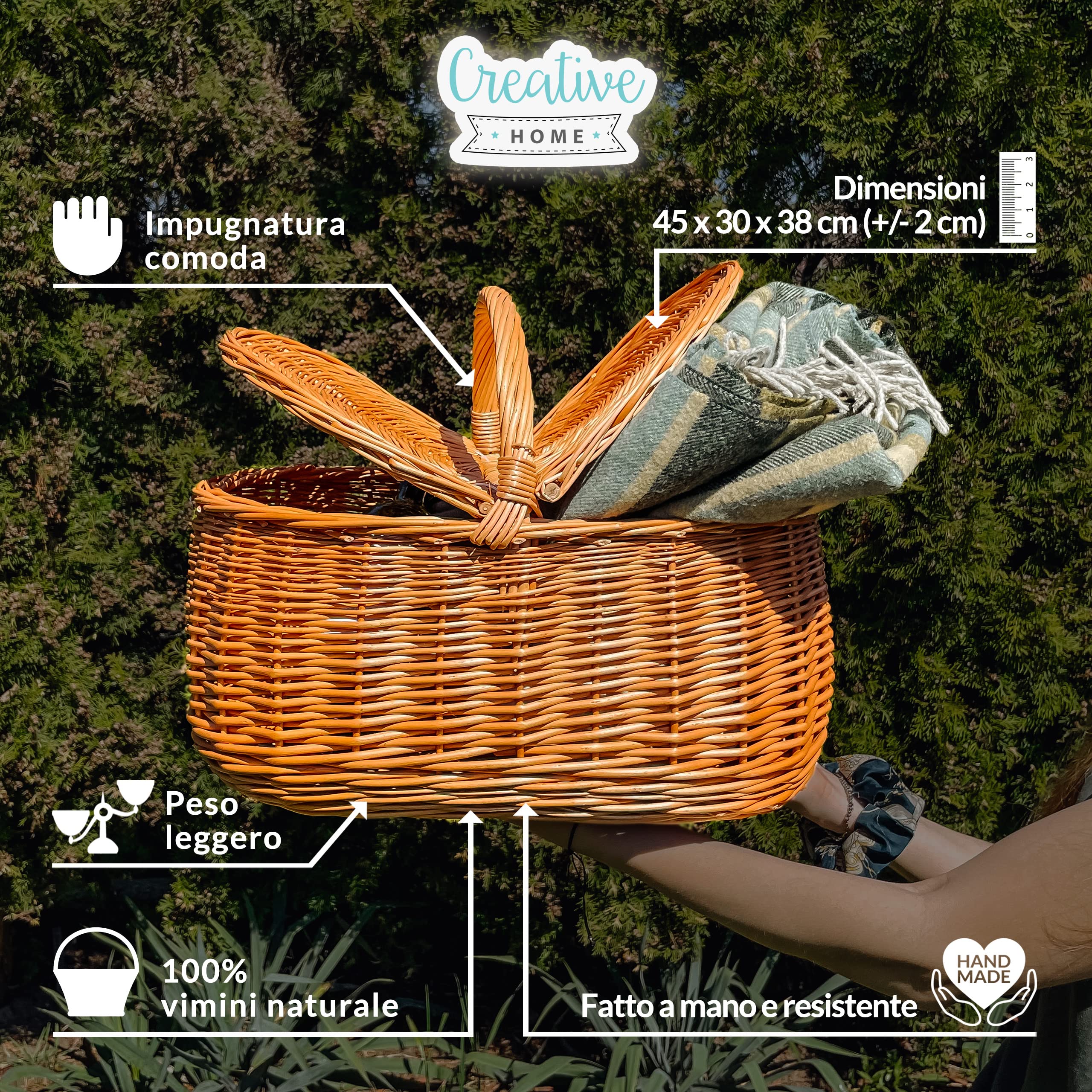 Creative Home Cestino in Vimini con Manico e Treccia 45 x 30 x 38 cm