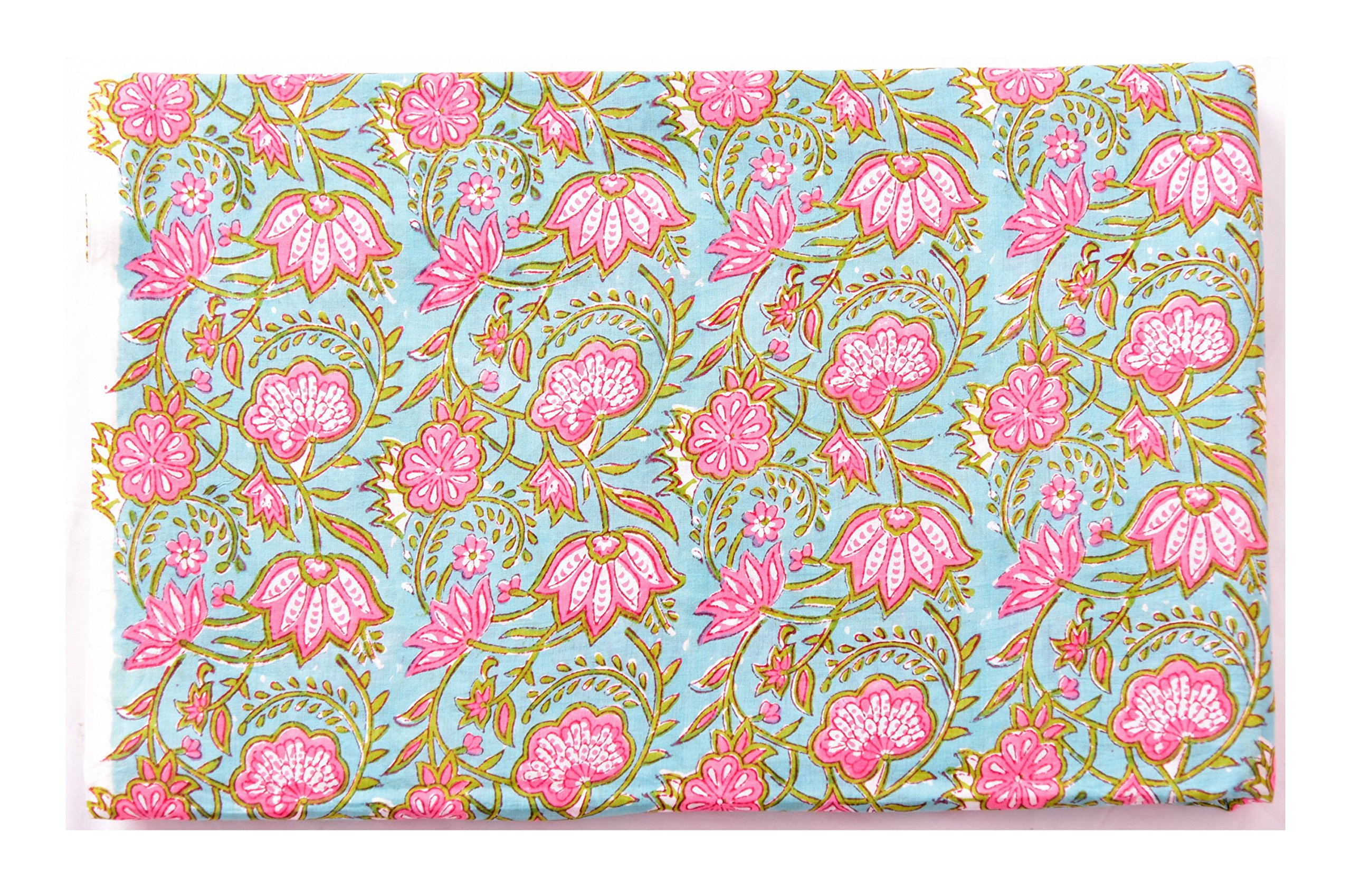 Handicraft-Palace Floral Hand Block Printed Garment Voile Fabric Cotton Craft Making Fabric Dress Making Soft Fabric Natural Running Vegetable Color Fabric (Turquoise_2.5 Meter)