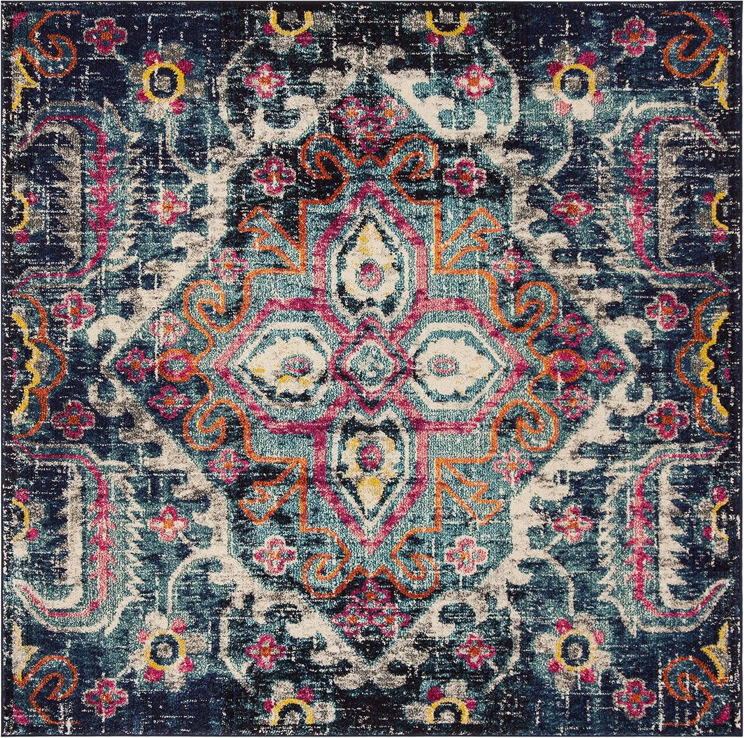 SAFAVIEH Monaco Collection Area Rug - 6'7" Square, Blue & Fuchsia, Boho Chic Medallion Distressed Design, Non-Shedding & Easy Care, Ideal for High Traffic Areas in Living Room, Bedroom (MNC252J)