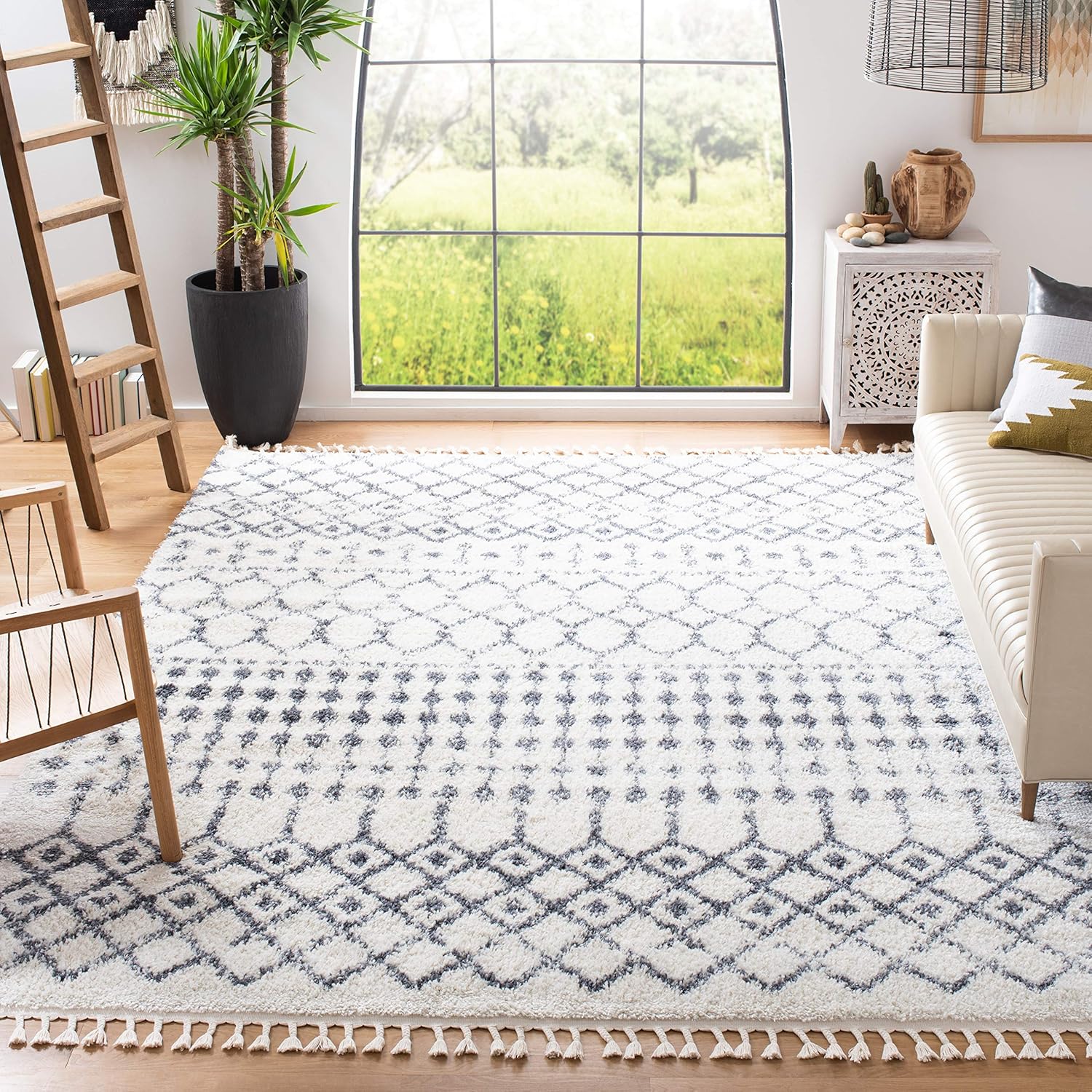 SAFAVIEH Berber Fringe Shag Collection Area Rug - 3' Square, Cream & Dark Grey, Moroccan Design, Non-Shedding & Easy Care, 1.2-inch Thick Ideal for High Traffic Areas in Living Room, Bedroom (BFG540A)