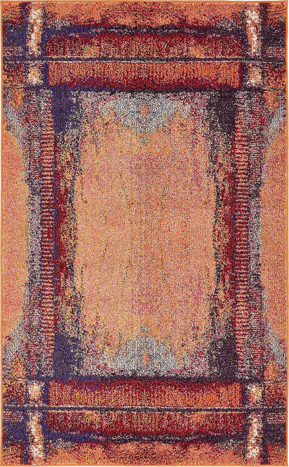 Orange and Black Rectangular Stain-Resistant Synthetic Rug