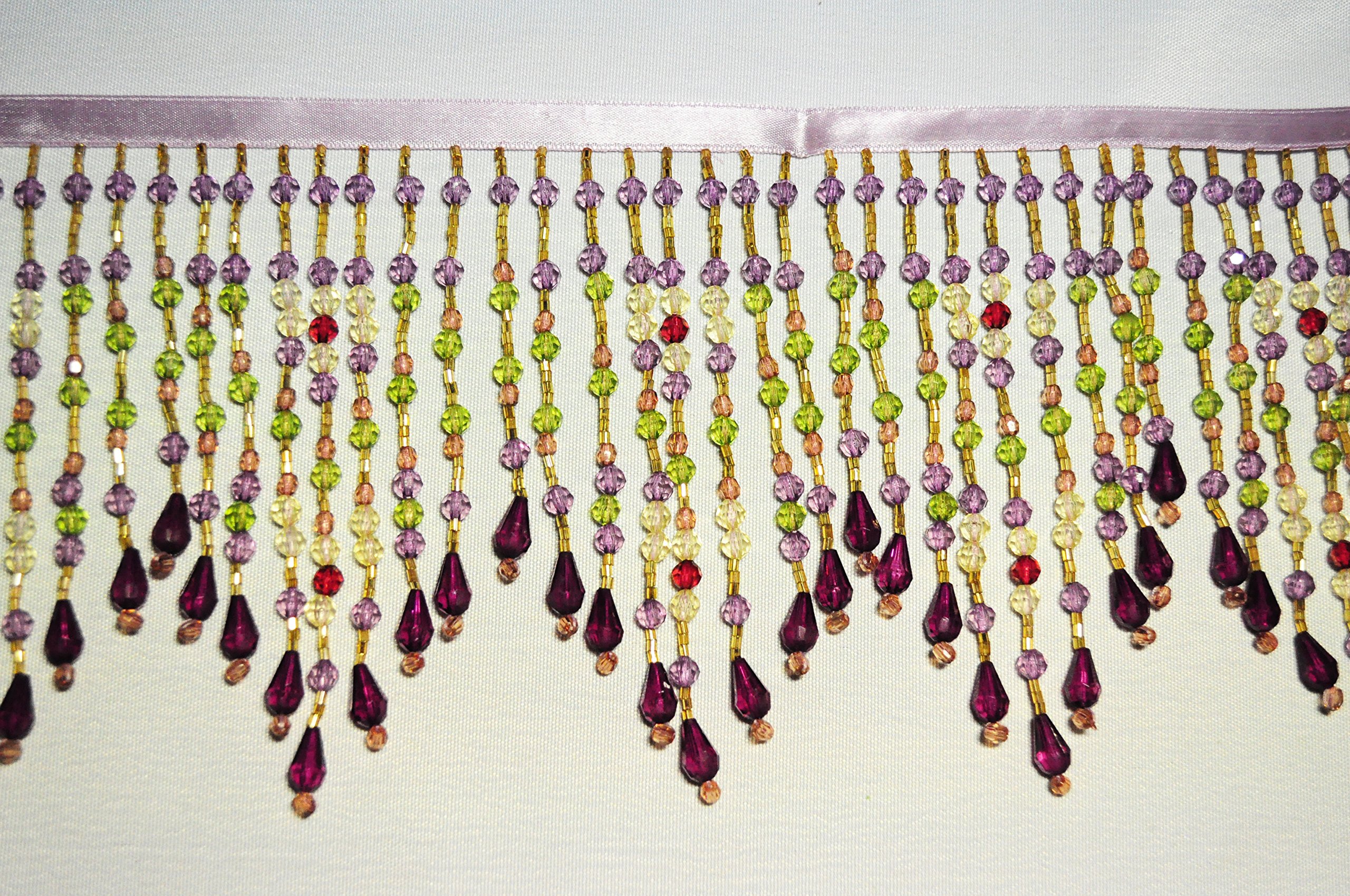 Beaded Trim 5.5" Green Purple Acrylic Glass Beads with 3/8" Lilac Ribbon