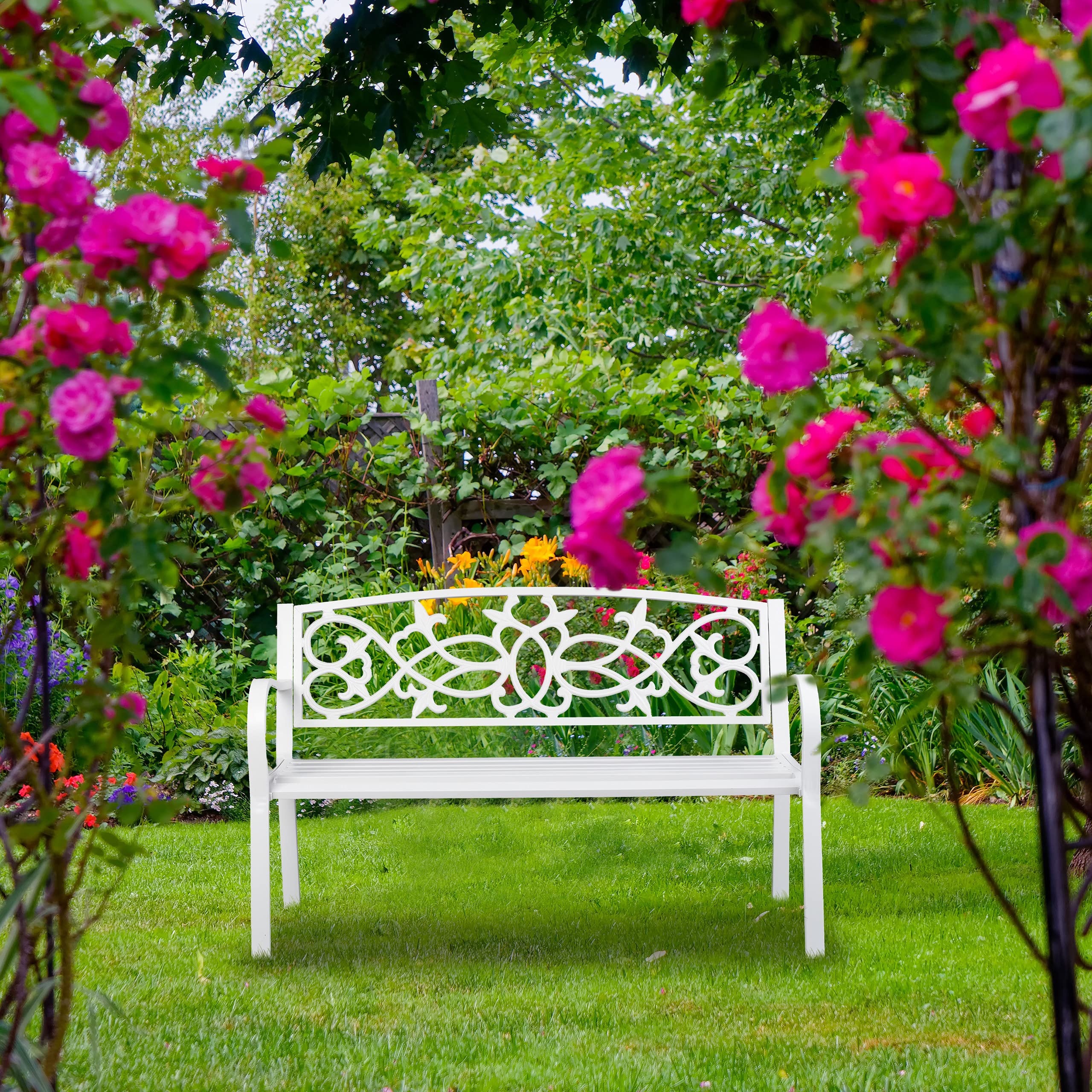 Relaxdays Banc de Jardin, nostalgique, 2 Places, résistant aux intempéries, Fonte et Acier, HLP: 78x124,5x58 cm, Blanc