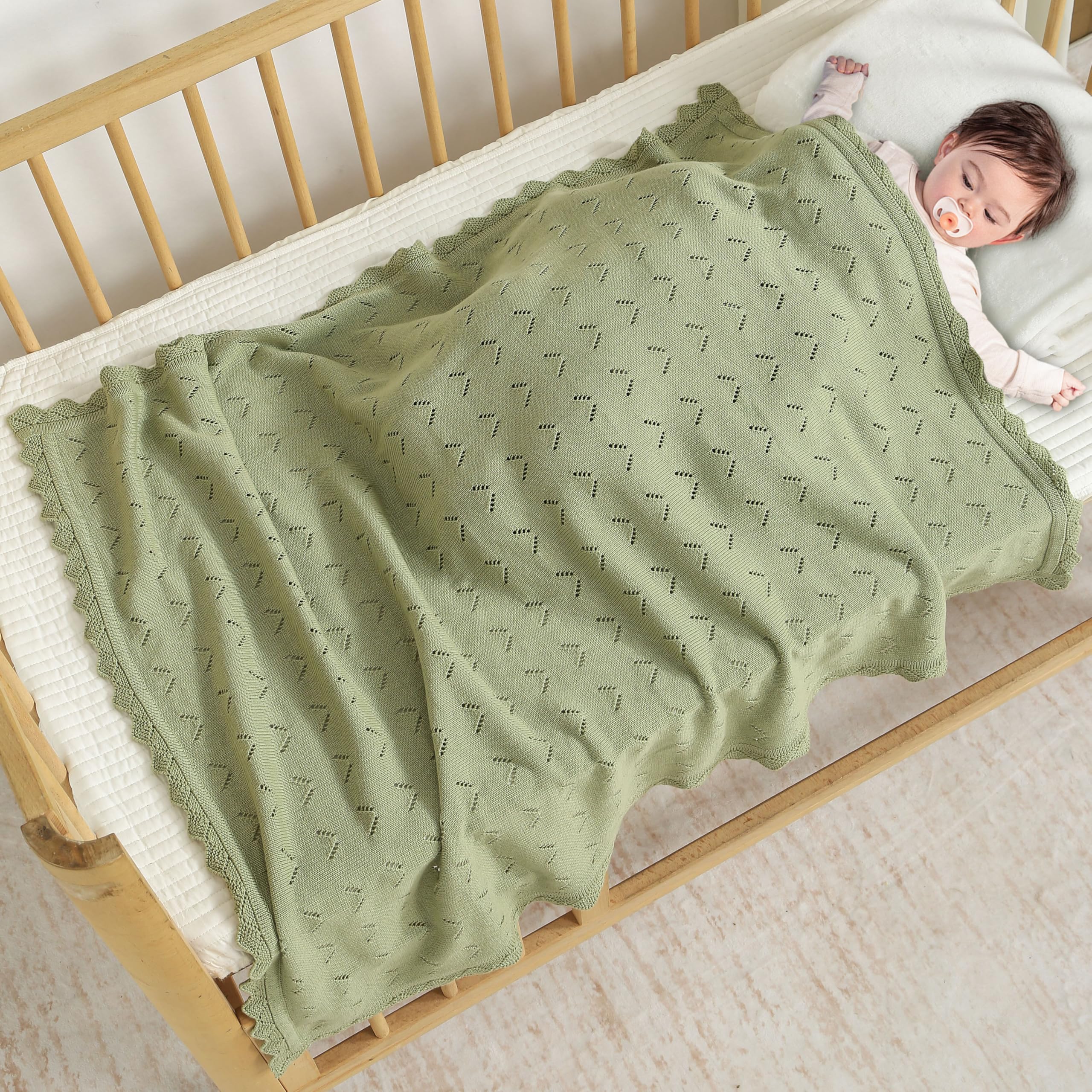 Loyfoky Baby Knit Blanket 100% Cotton Soft Cellular Blankets Breathable for Boy Girl Newborns Swaddling,Cot,Green 100x80cm - Image 2