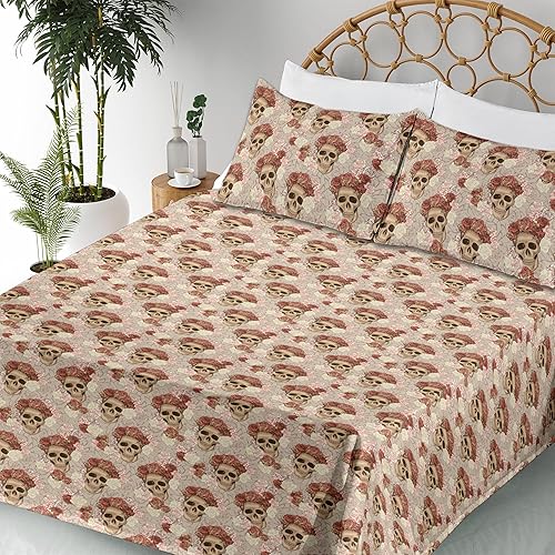 Miniatura 3 de Ambesonne Skull Sheet Set, Goth Roses Floral Skeleton Head Day of The Dead Ethnic Mexican Inspired, Fitted and Flat Sheet with Pillowcases Bedding
