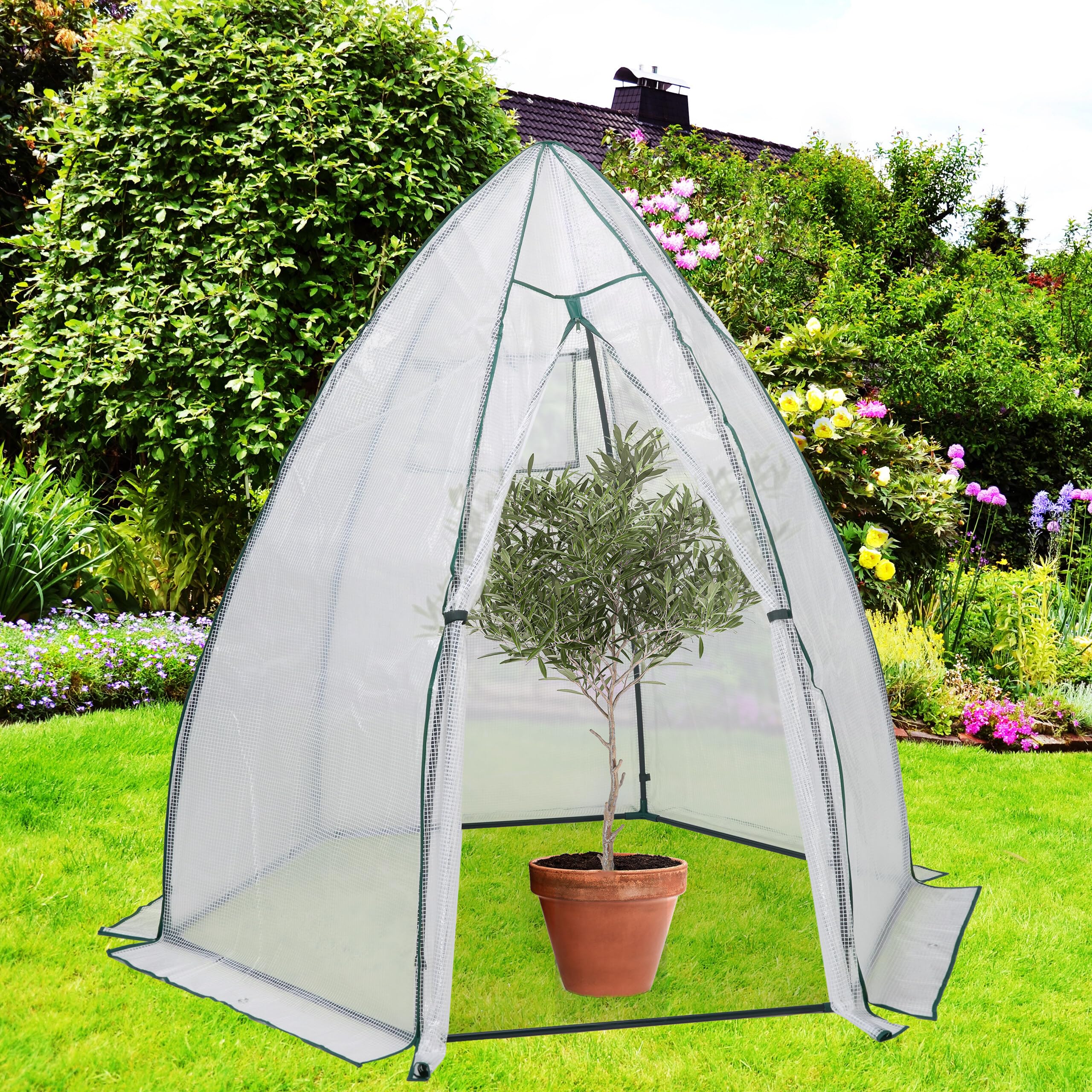 Relaxdays Invernadero, de Plástico, 185 x 180 x 160 cm, Protección Plantas en Invierno, Puerta y Ventana, Transparente