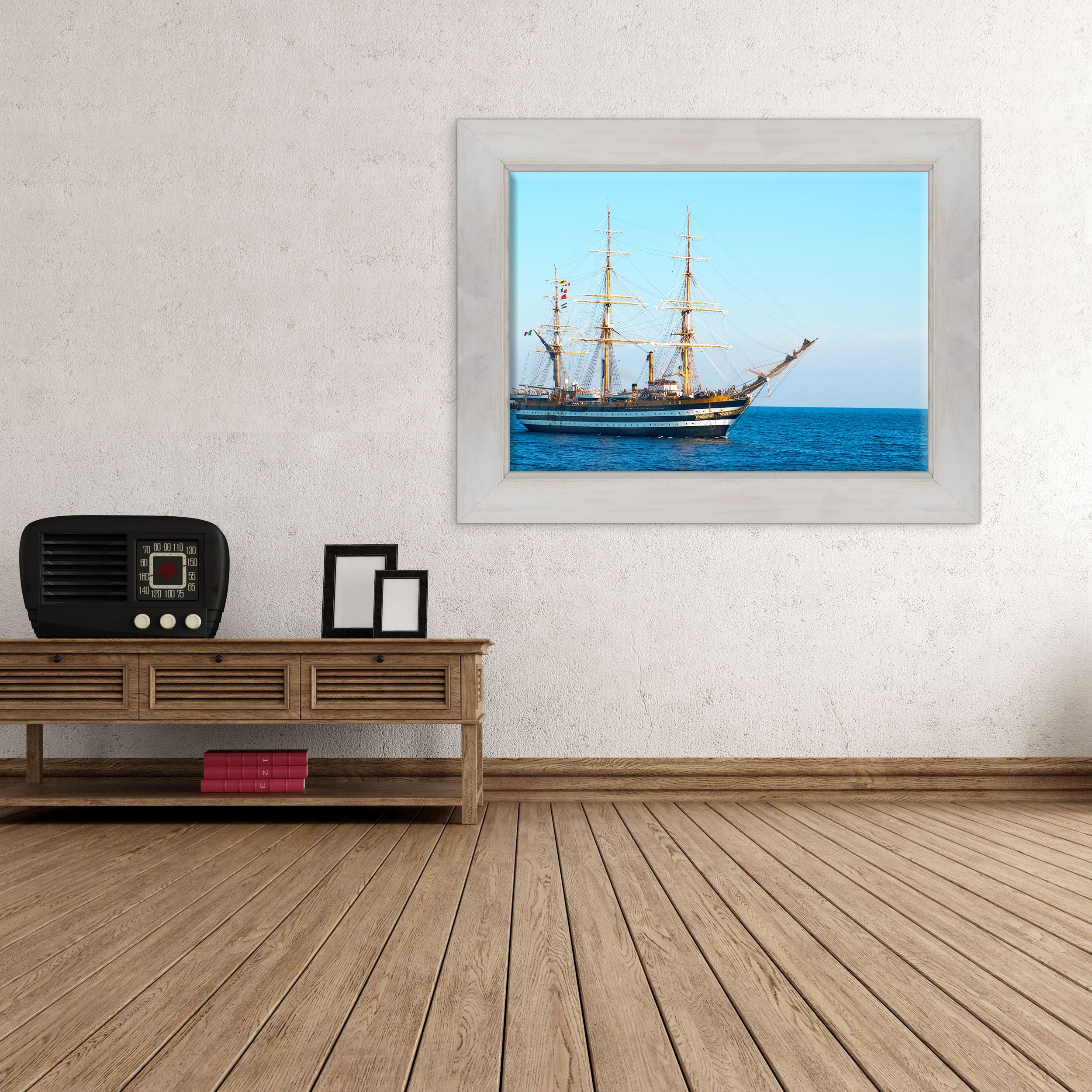 Quadro su Tela Canvas INTELAIATO - con Cornice - Nave Battello Amerigo Vespucci - Mare Pirati Oceano - 50x70cm - Stile Country Bianco Shabby - (cod.3304)