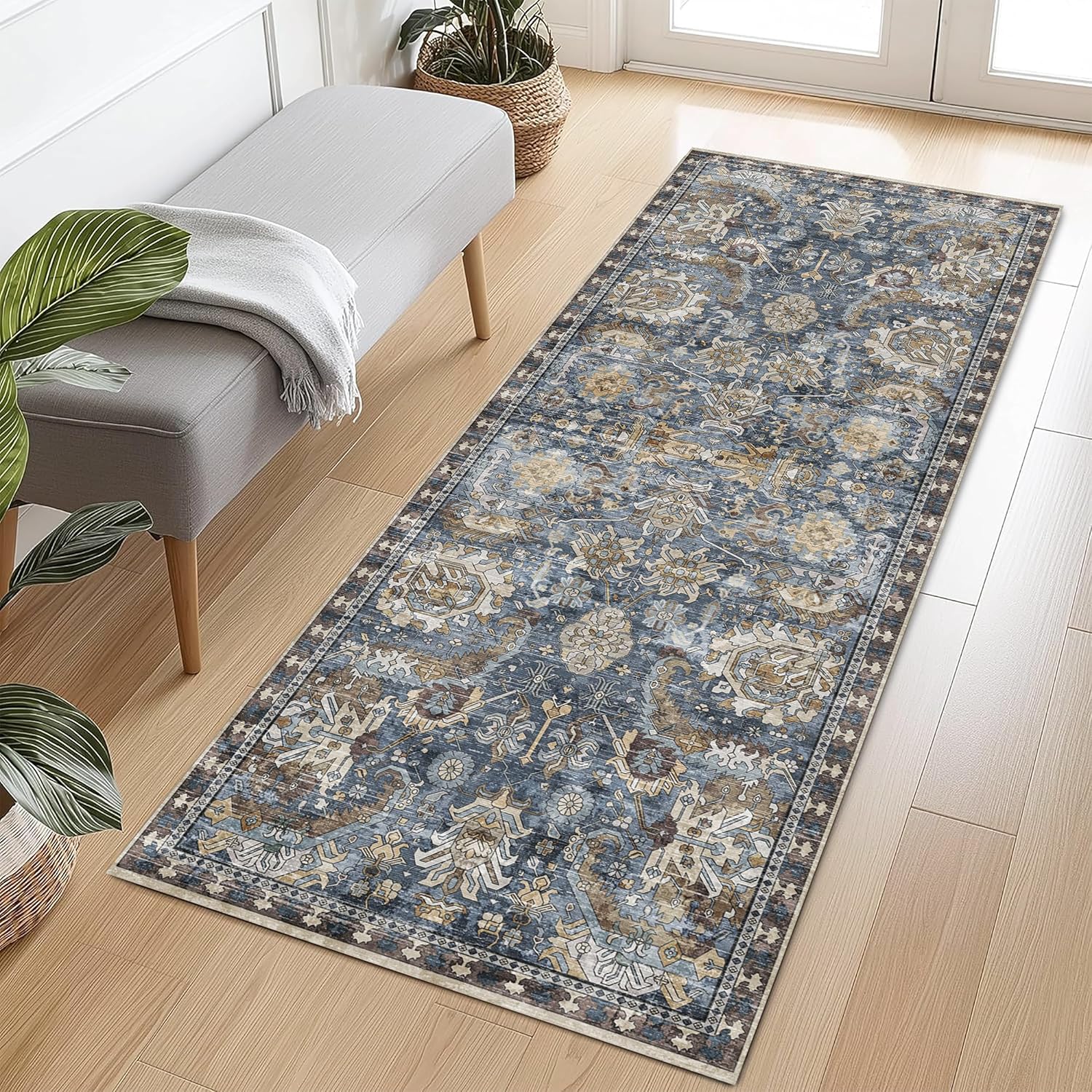 RUGSURE Washable Area Rugs - Perfect for Living Room, Bedroom, Kids Room, Nursery - Stain & Water Resistant Non-Slip, Pet & Child Friendly, Vintage Tribal Area Rugs (Navy, 2'6'' x 8') Navy 2'6" x 8' (Rectangular)