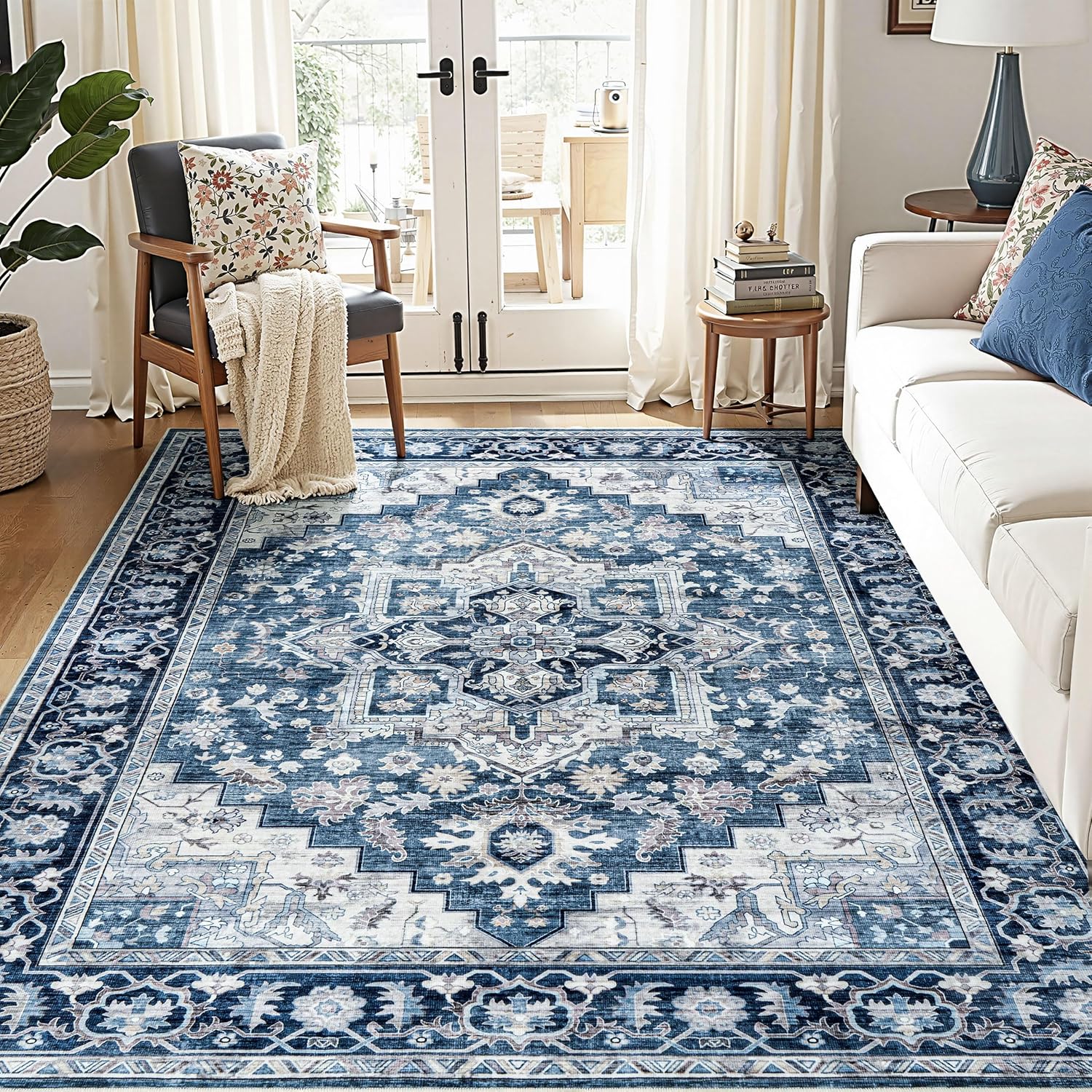 8x10ft Machine Washable Area Rug, 120 * 96" Large Ultra Soft Rugs with Non-Slip Backing & Durable Edge Binding, Vintage Fluffy Indoor Low-Pile Carpet for Living Room, Bedroom, Dinning, Kitchen