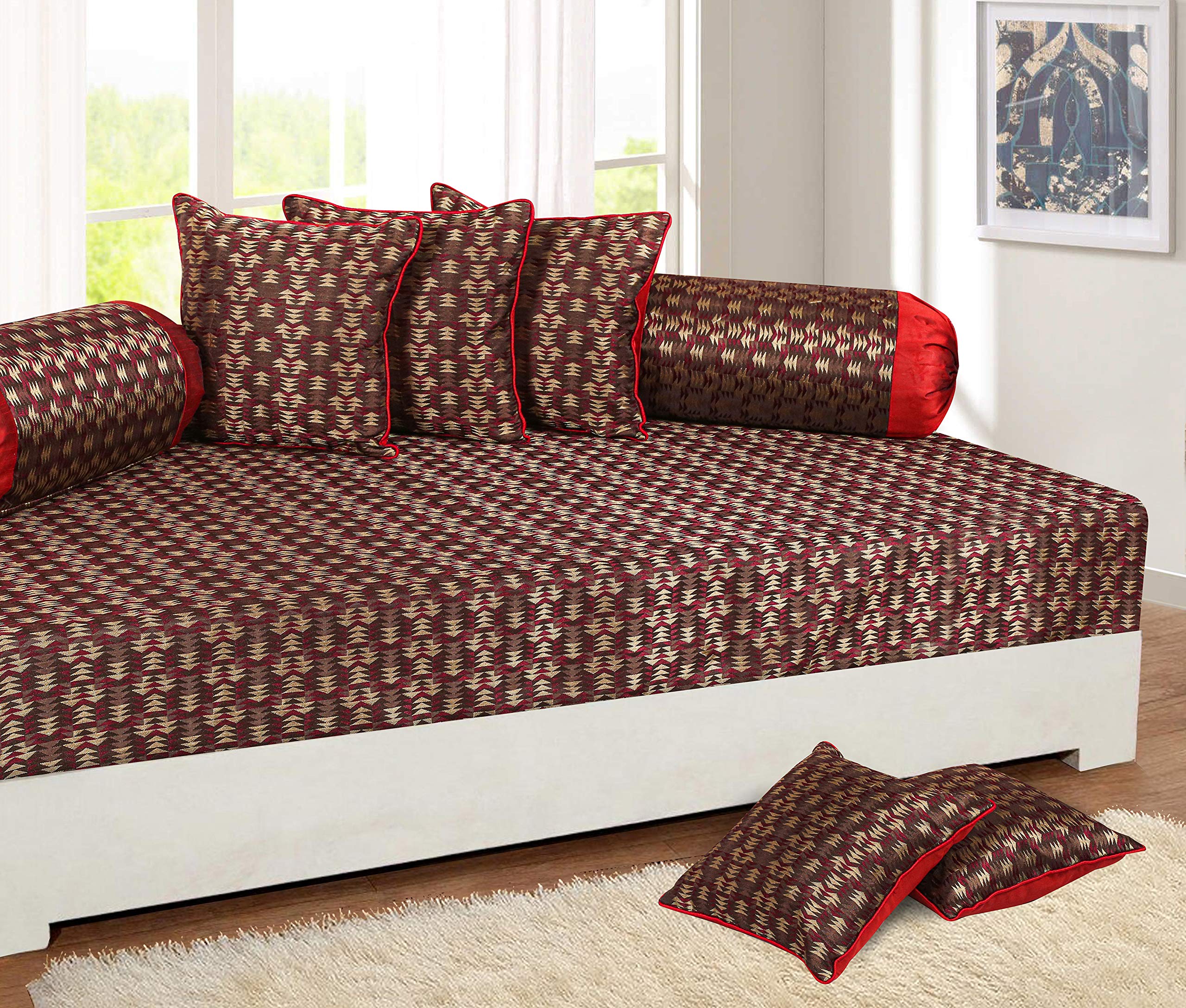 AKB EXPORTS Styria Satin, Polycotton, Mini Geometric Solid Pattern, Exclusive Wedding Diwan Set, 1Bed Cover 60"x90", 2 Bolsters 16" x 32" and 5 Cushion Covers 16" x 16" (Maroon, 1+2+5) -Set of 8 Pc