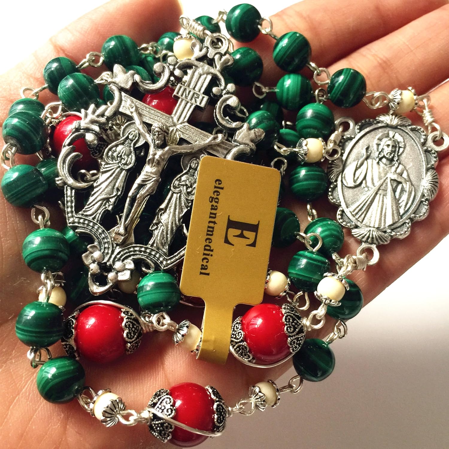 elegantmedical Handmade Malachite & Red Coral Rosary Beads Cross Necklace Catholic Gifts - Image 4