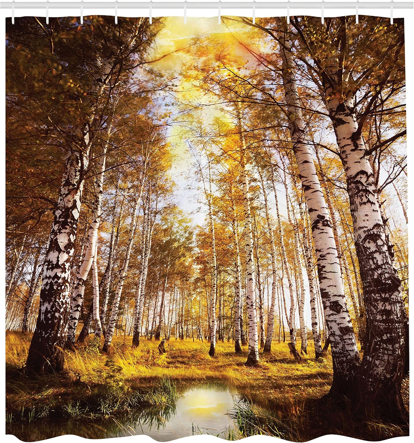 Ambesonne Tree Shower Curtain, Autumn Season Forest in Sun Rays Near The River in Morning Idyllic View Print, Cloth Fabric Bathroom Decor Set with Hooks, 69" W x 70" L, Yellow Brown White