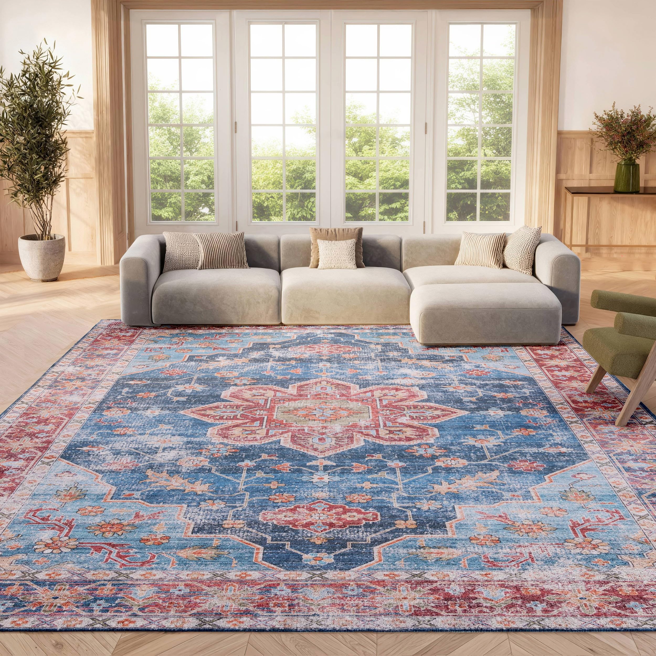 SAFAVIEH Washable Rug Tucson Collection - 9' x 12', Blue & Rust, Slip Resistant & Easy to Clean, Ideal for Living Room, Bedroom, Dining Space (TSN110M