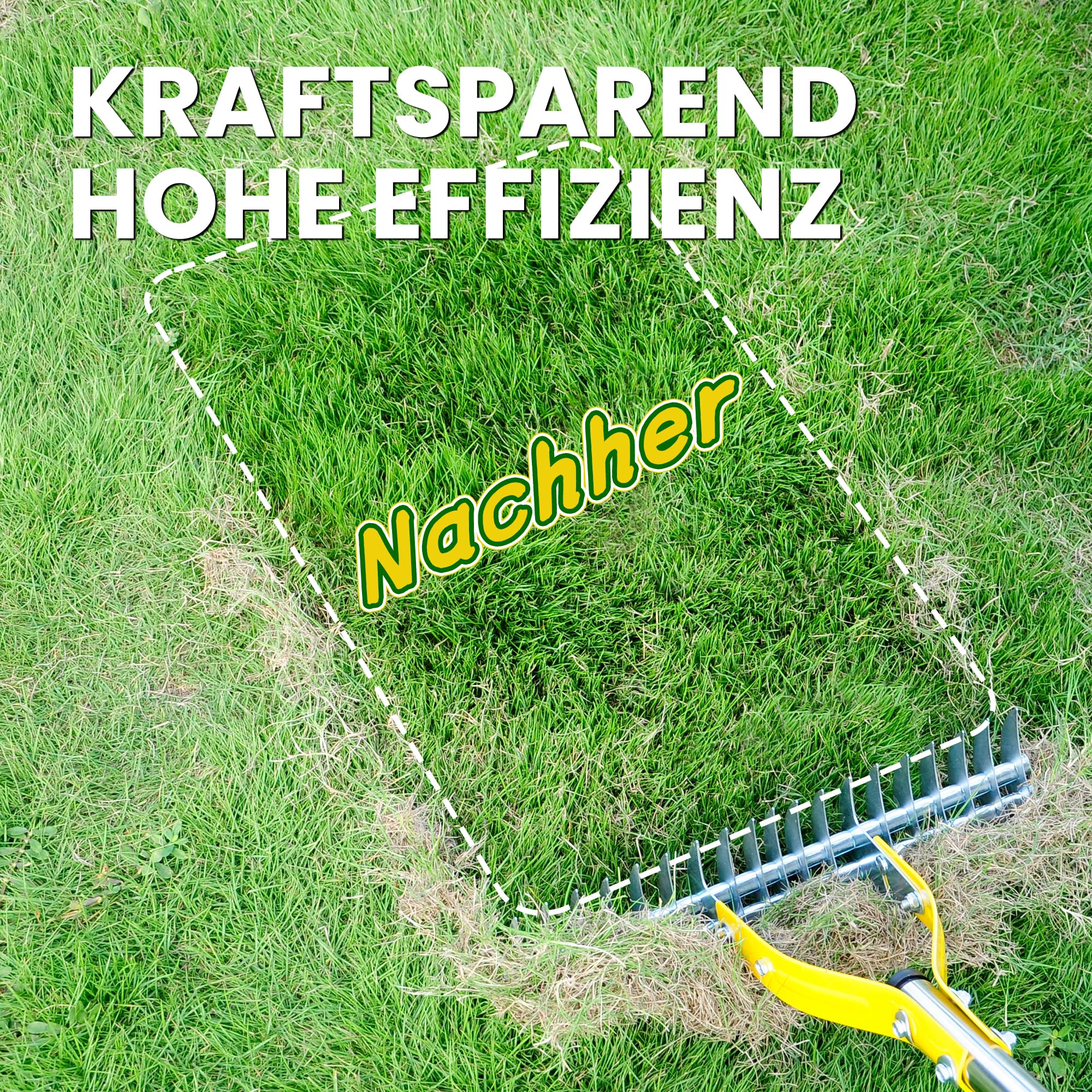 Gartenrechen Vertikutier-Rechen für den Rasen, 38 cm Verstellbarer Rechenkopf, Dethatcher zum Entfernen von Rasenfilz, Moos & abgestorbenem Gras mit 1,9M Griff, Stahl-Rechen für Hof