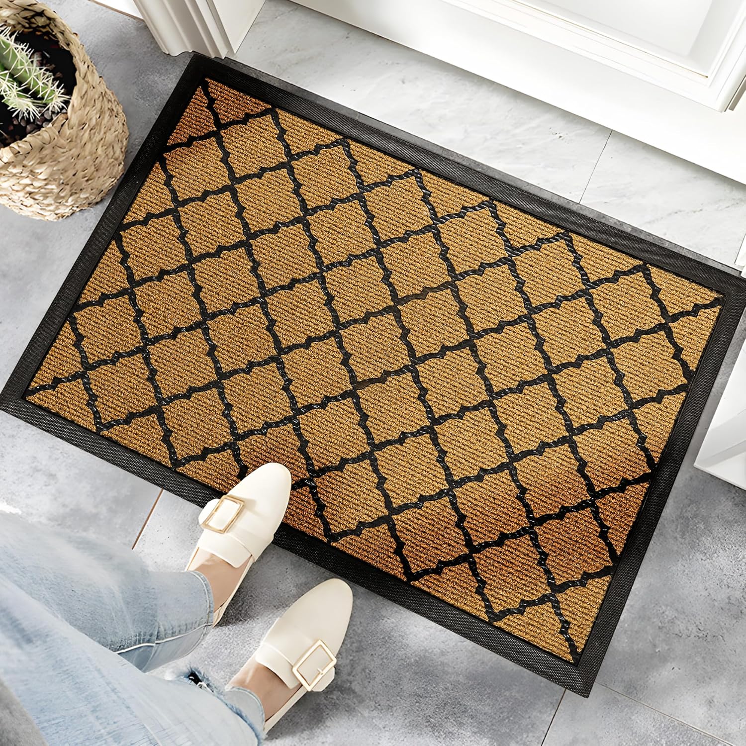 Front Door Mat Outside Entrance: All Weather Durable Welcome Mat for Indoor Outdoor Entryway, Patio, Porch - Thin Absorbent Dirt Trapper Doormat - Weatherproof, Easy to Clean - 30 x 17, Brown