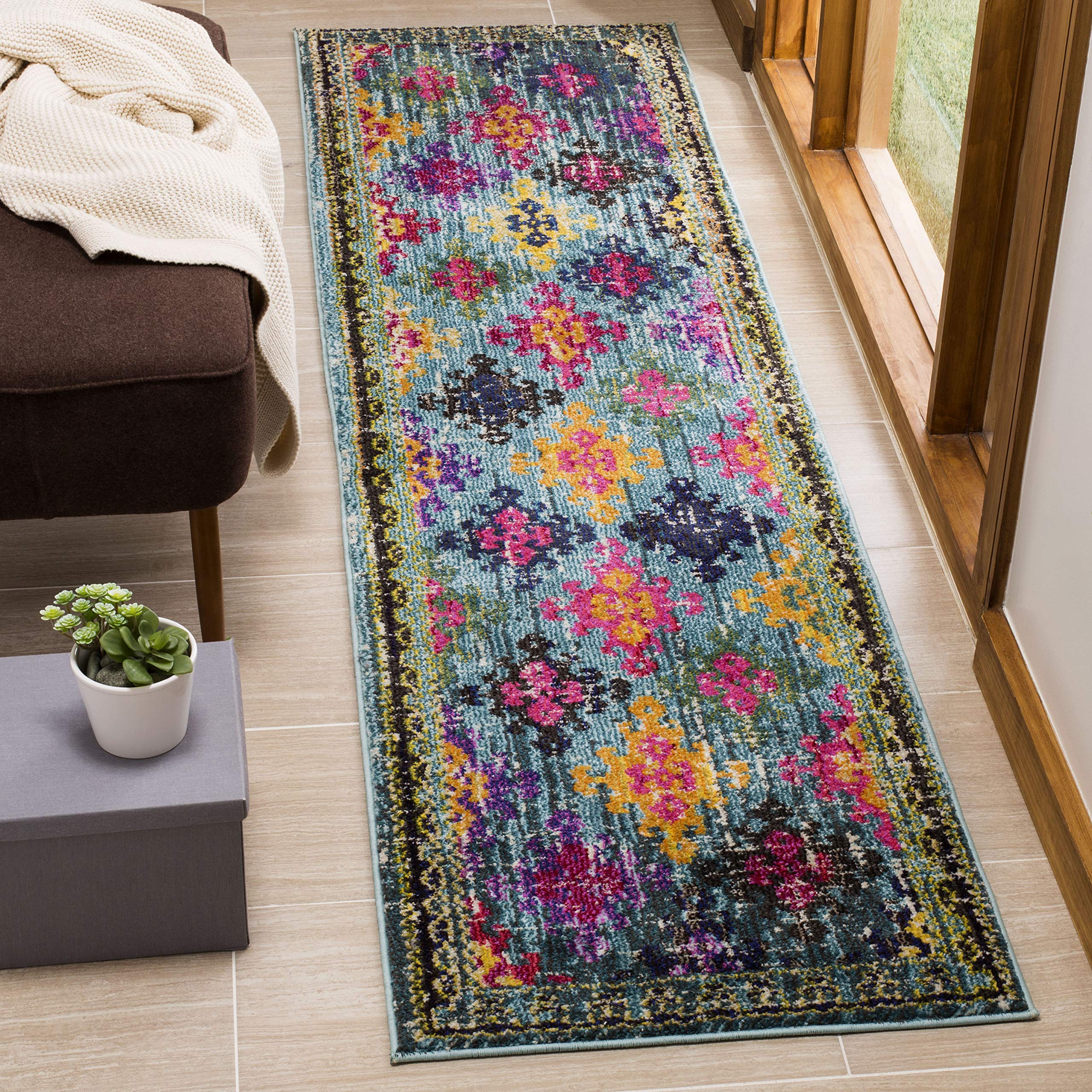 SAFAVIEH Monaco Collection Runner Rug - 2'2" x 8', Blue & Multi, Boho Diamond Trellis Design, Non-Shedding & Easy Care, Ideal for High Traffic Areas