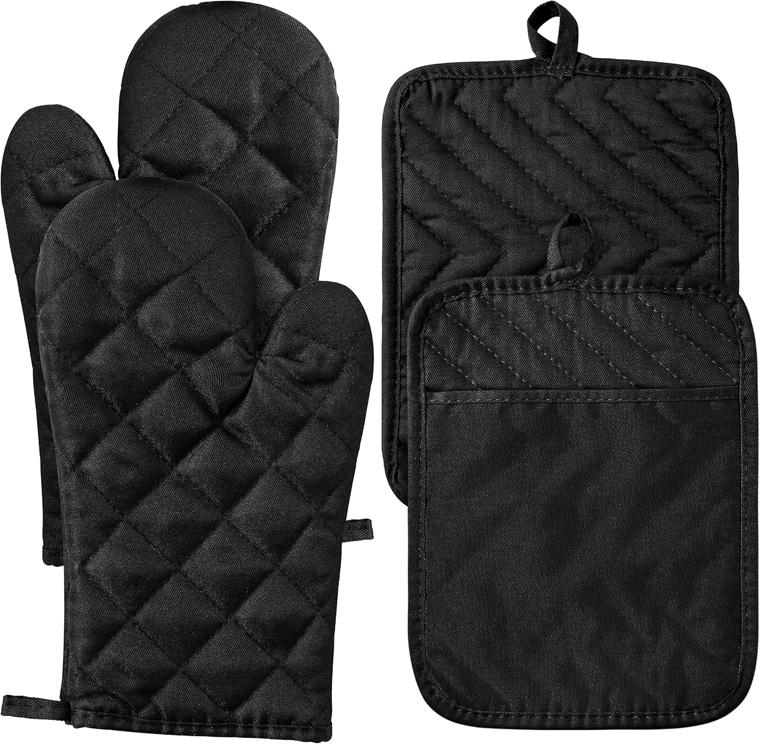 R HORSE 4Pcs Oven Mitts Pot Holders Set for Kitchen, Cotton Lining Heat Resistant Oven Gloves Black Kitchen Mittens Hot Pads Pot Holder with Pocket & Hanging Loop Trivets for Cooking Baking Grilling