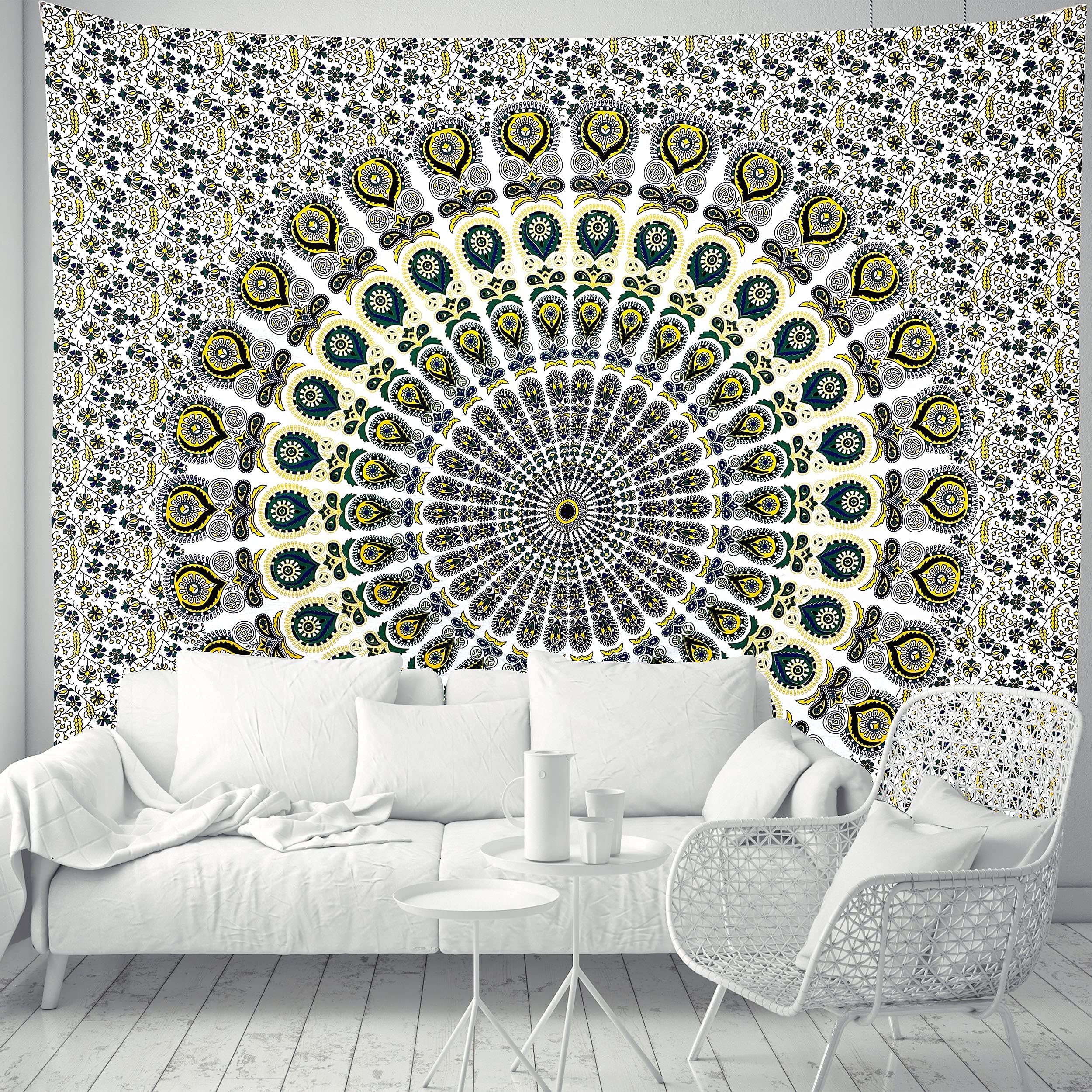 FabQual Wall Tapestry for Bedroom Aesthetic Tapestry Hippie Boho Indie Tapestry Cool Bohemian Mandala Tapestry Spiritual Large Tapestry Wall Hanging - White Green & Yellow Tapestry - Queen (85x90 in)