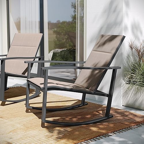 Miniatura 7 de Flash Furniture Brazos - Juego de 2 mecedoras para exteriores color marrón con material Flex Comfort y marco de metal negro, marrón y negro