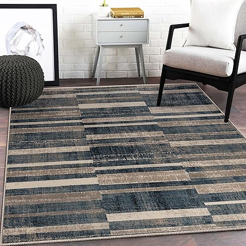 SUPERIOR Indoor Large Area Rug, Modern Striped Floor Throw Decor for Bedroom, Kitchen, Office, Dining/Living Room, Dorm, Entryway, Jute Backed, Radko Collection, Blue-Cream, 8' x 10'