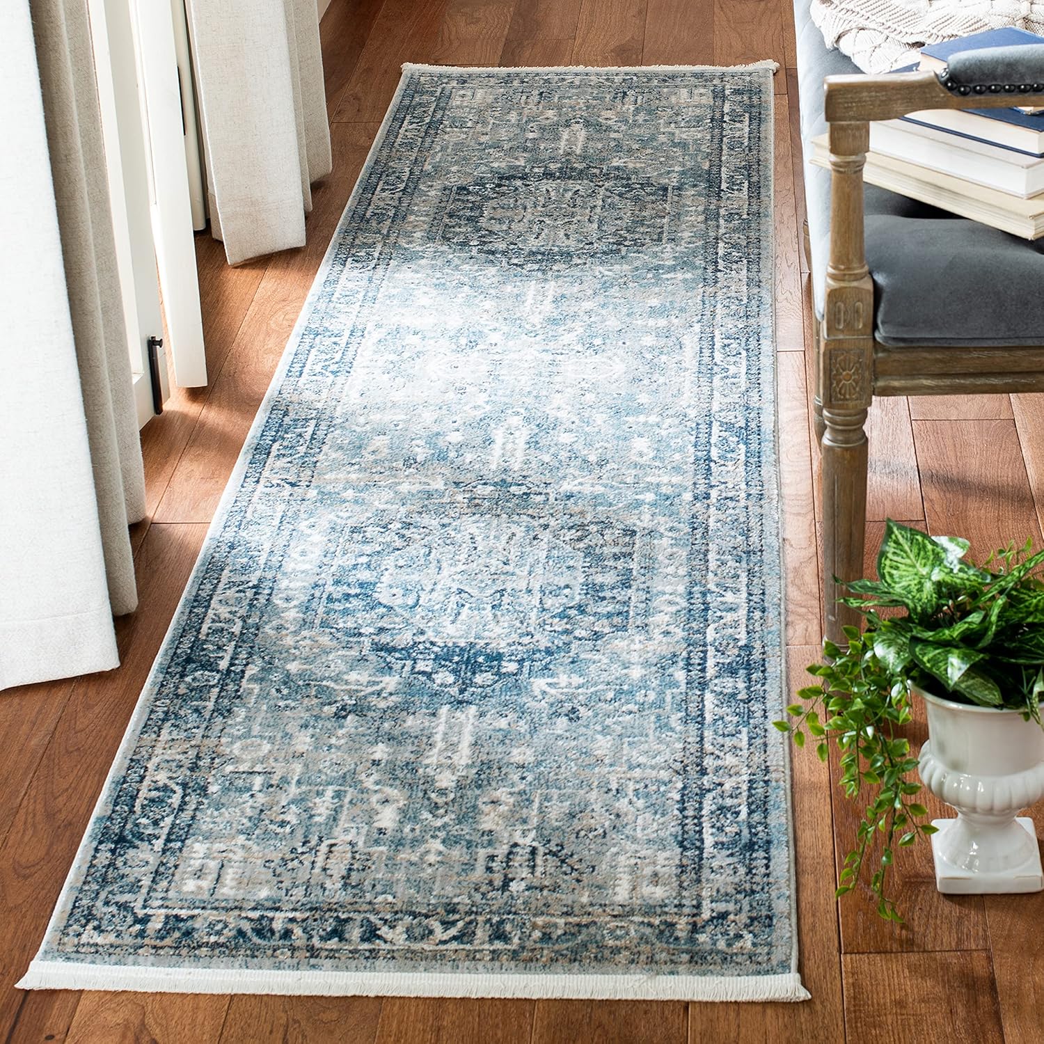 SAFAVIEH Victoria Collection Runner Rug - 2'2" x 12', Blue & Grey, Vintage Traditional Distressed Design, Non-Shedding & Easy Care, Ideal for High Traffic Areas in Living Room, Bedroom (VIC933F)