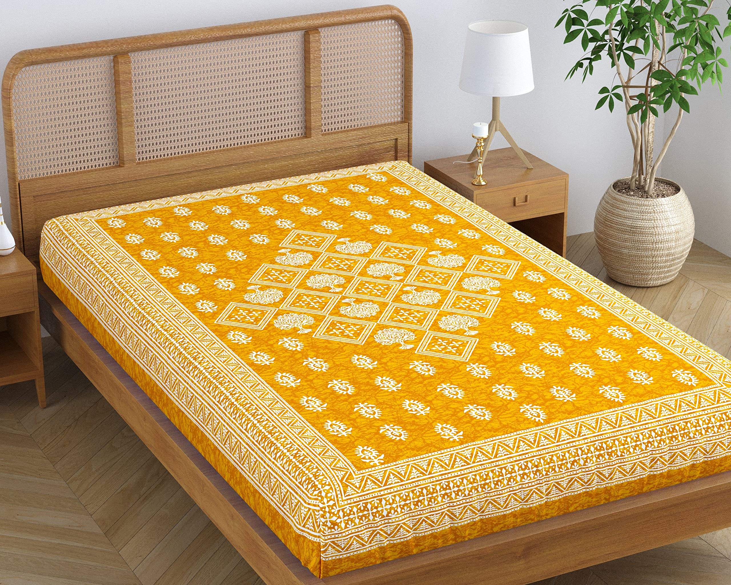 SheetKart Folk Floral 100% Pure Cotton Jaipuri Printed Bedsheet for Single Bed, Traditional Ethnic Bed Cover - Peaches Yellow (B0BN6GLFQ7) Amazon Price History, Amazon Price Tracker