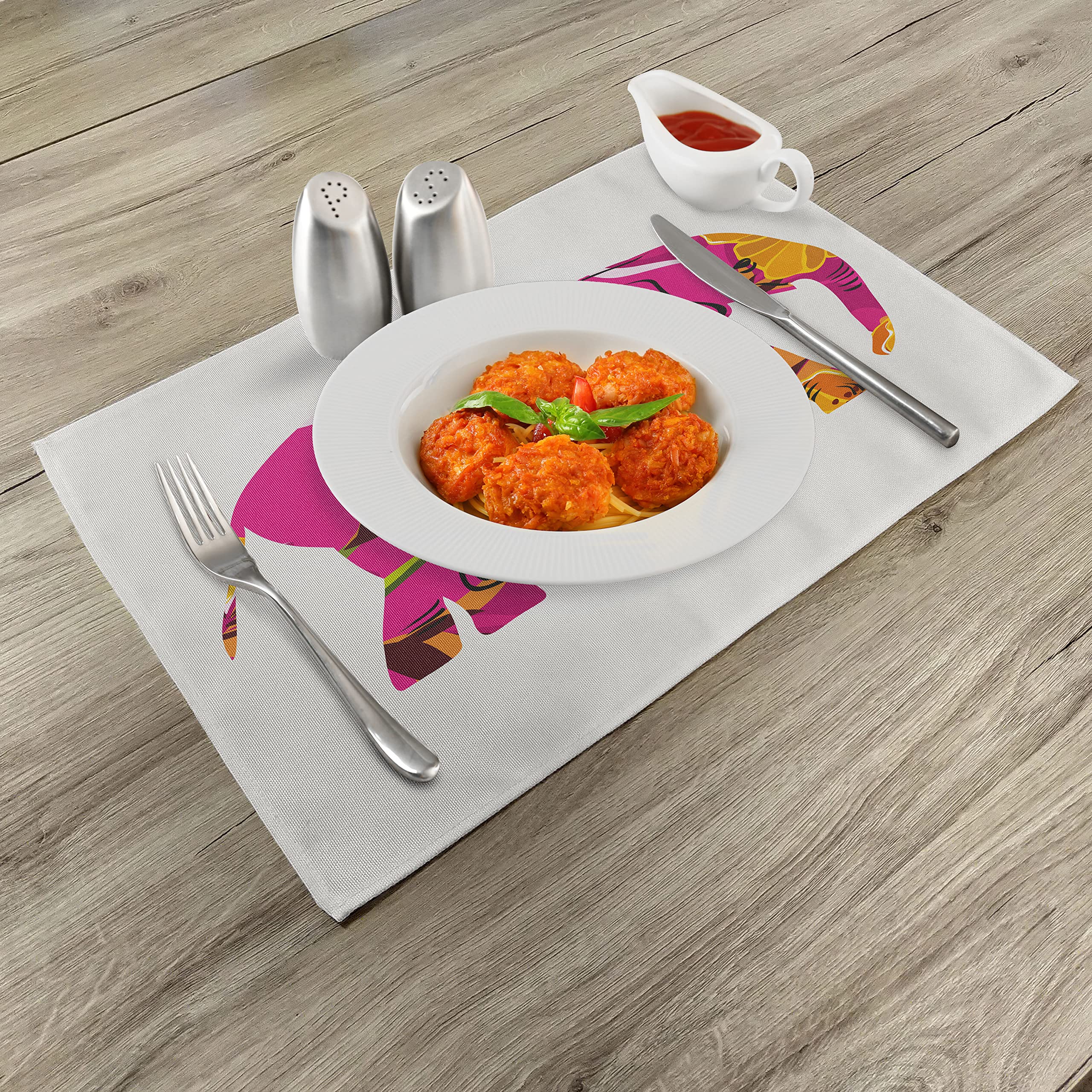 Set Di 4 Tovagliette Americano ABAKUHAUS Elefante Safari, Tessuto Lavabile Impermeabile, 45x30 Cm, Grigio Crema