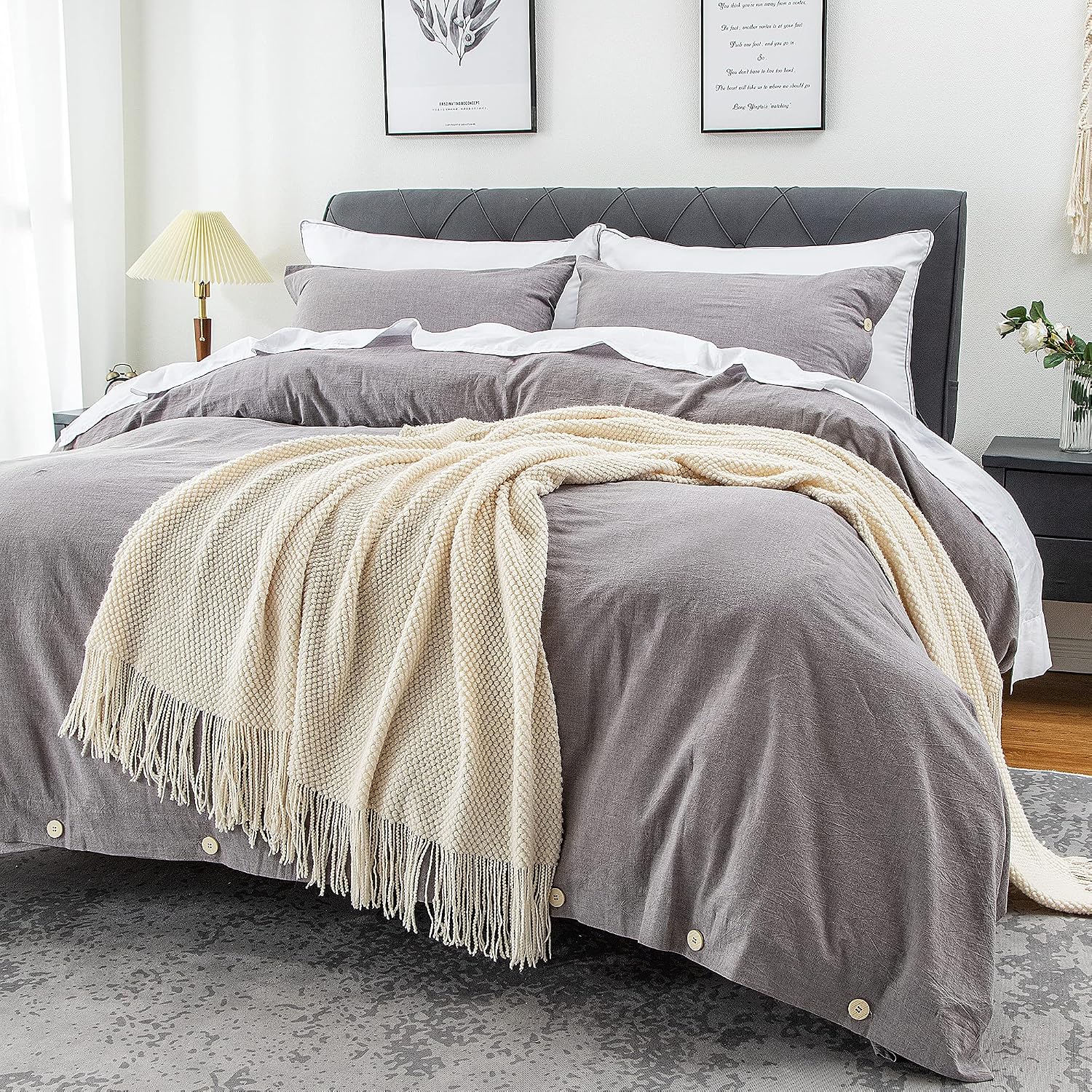viewstar Duvet Cover Set 3 Piece (Queen,Light Grey),100% Washed Cotton Luxury Breathable Durable Bedding Set with Button Closure(No Comforter)