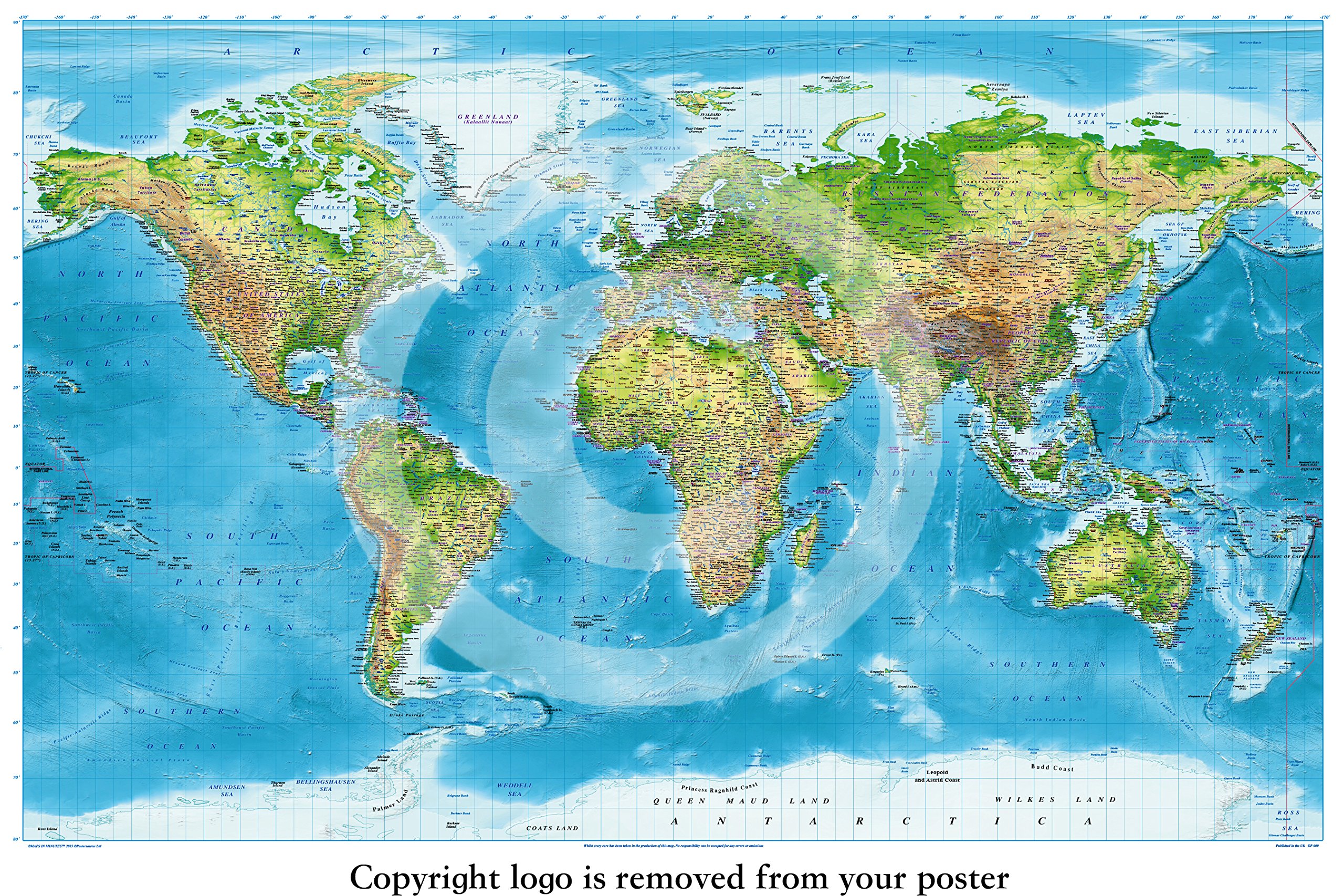 HUGE - Laminated/Encapsulated World Map Physical English Language Terrain - POSTER
