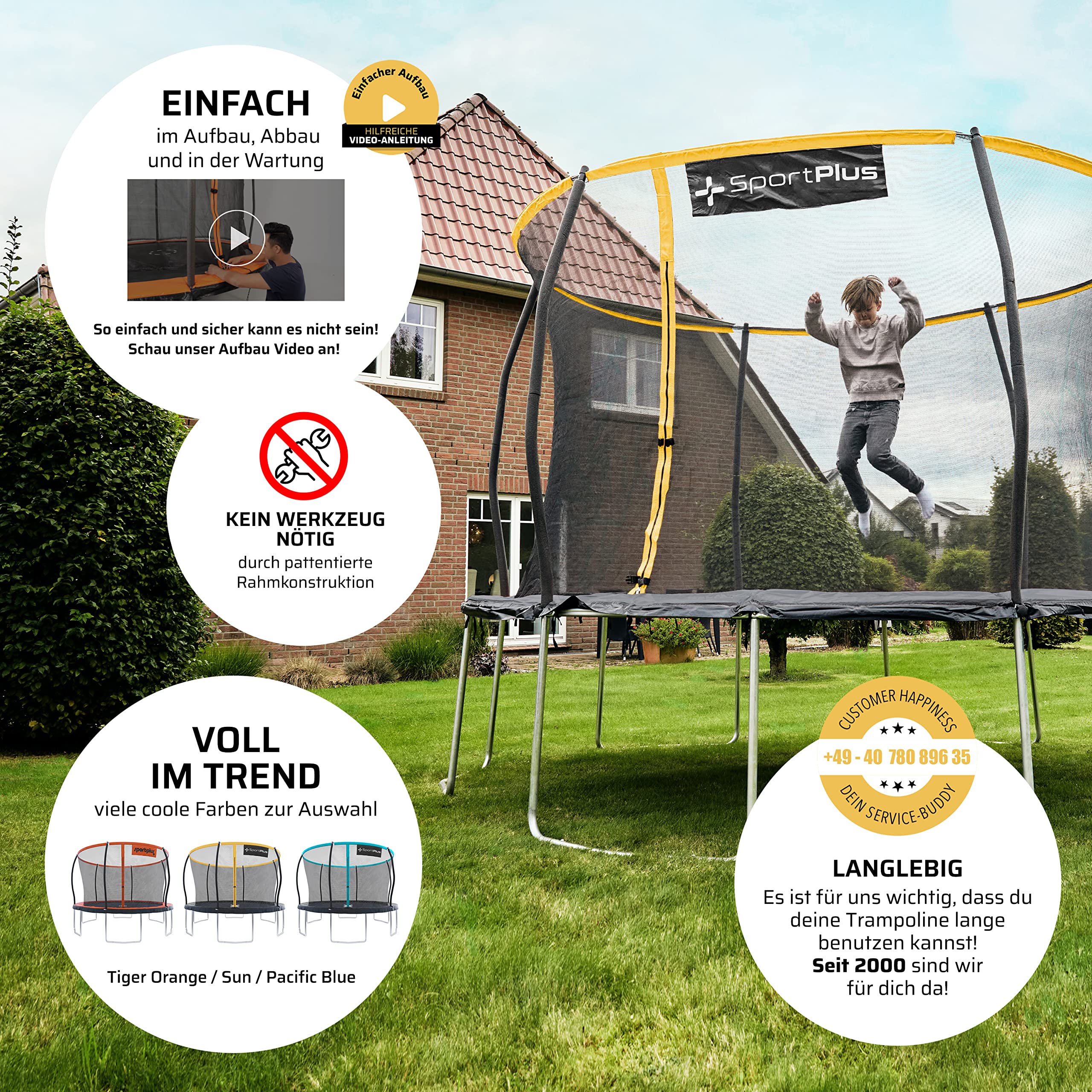 SportPlus Trampolin Outdoor 305cm & 366cm, mit Randabdeckung, Außenstangen & Innennetz, stabile Rahmenkonstruktion, Gartentrampolin, auch für Erwachsene bis 120/150kg - GS Zertifiziert