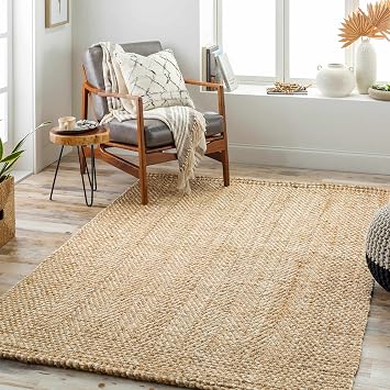 Dinah Jute Living Room, Bedroom Area Rug - Herringbone - Traditional Transitional Farmhouse Coastal Boho - Beige, Tan, Cream, Neutral - 5 x 76"