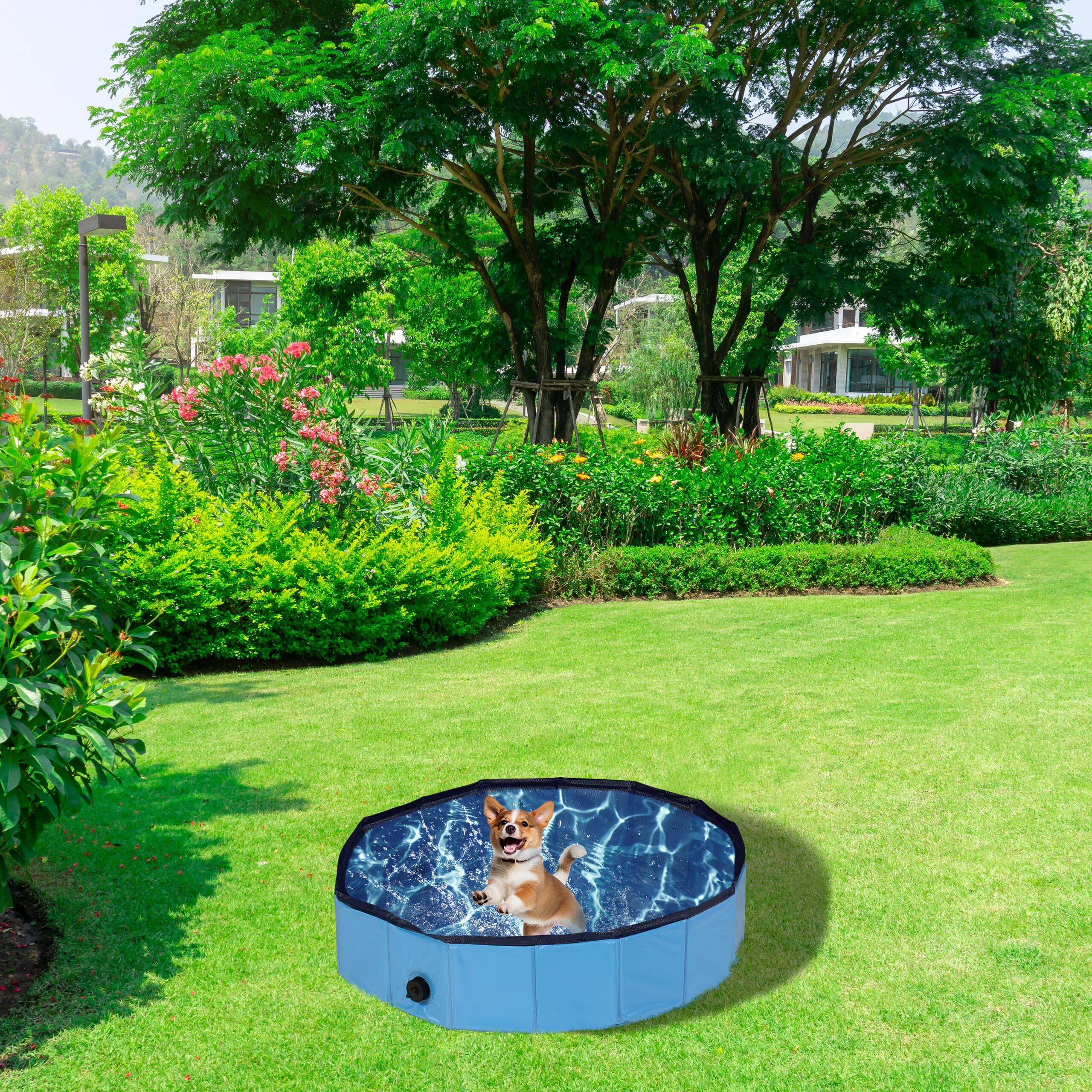 Relaxdays Piscina per Cani Piccoli, HxD: 20x80 cm, Piscinetta Pieghevole con Scarico, Bagno in Giardino, PVC e MDF, Blu