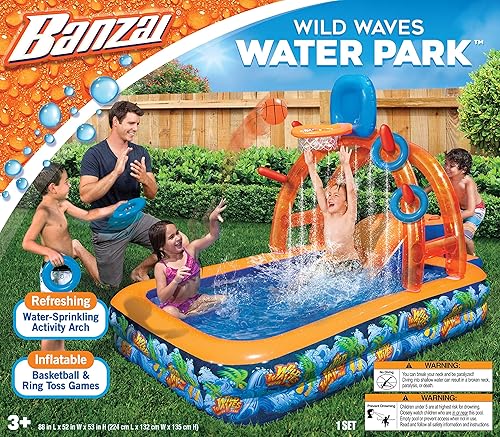 Miniatura 2 de BANZAI Wild Waves - Parque acuático, longitud 88 pulgadas, ancho 52 pulgadas, altura 53 pulgadas, juguete inflable para salpicaduras de agua en el