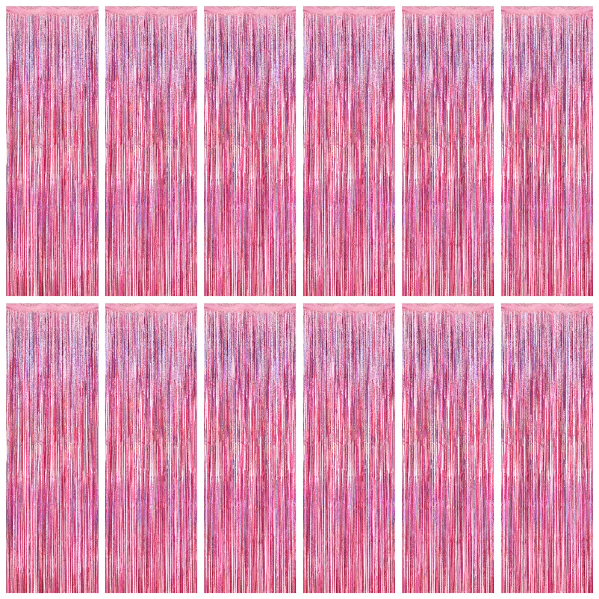 12 Pack Pink Backdrop, 3.28 FT x 7.05 FT Foil Streamers, Metallic Glitter Backdrop Pink Tinsel Fringe Curtains Party Streamers, Pink Birthday Valentines Day Party Decorations Photo Booth Props