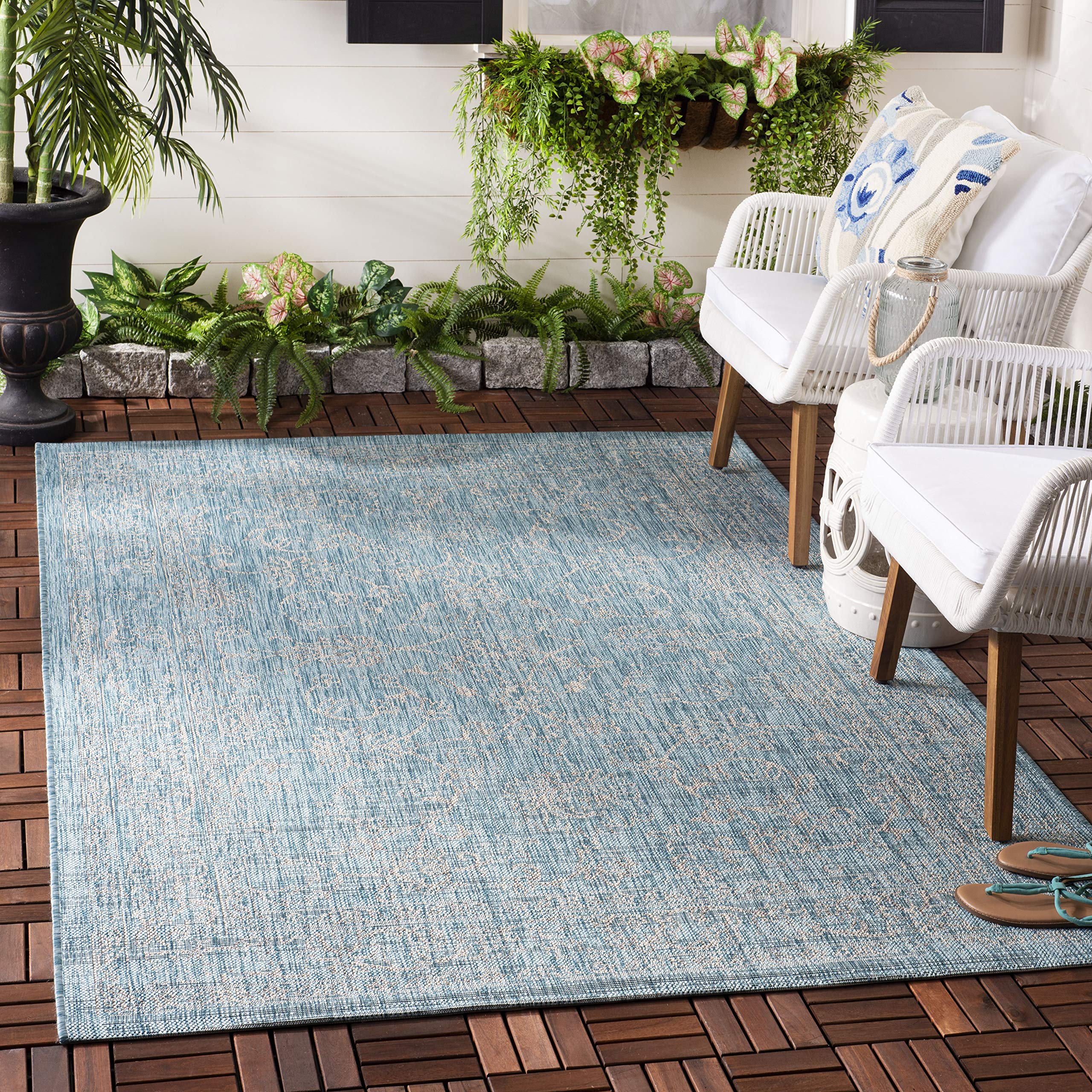 SAFAVIEH Washable Rug Outdoor Courtyard Collection - 2'7" x 5', Aqua Blue & Grey, Non-Shedding & Easy Cleaning, Ideal for Patio, Backyard, Mudroom (