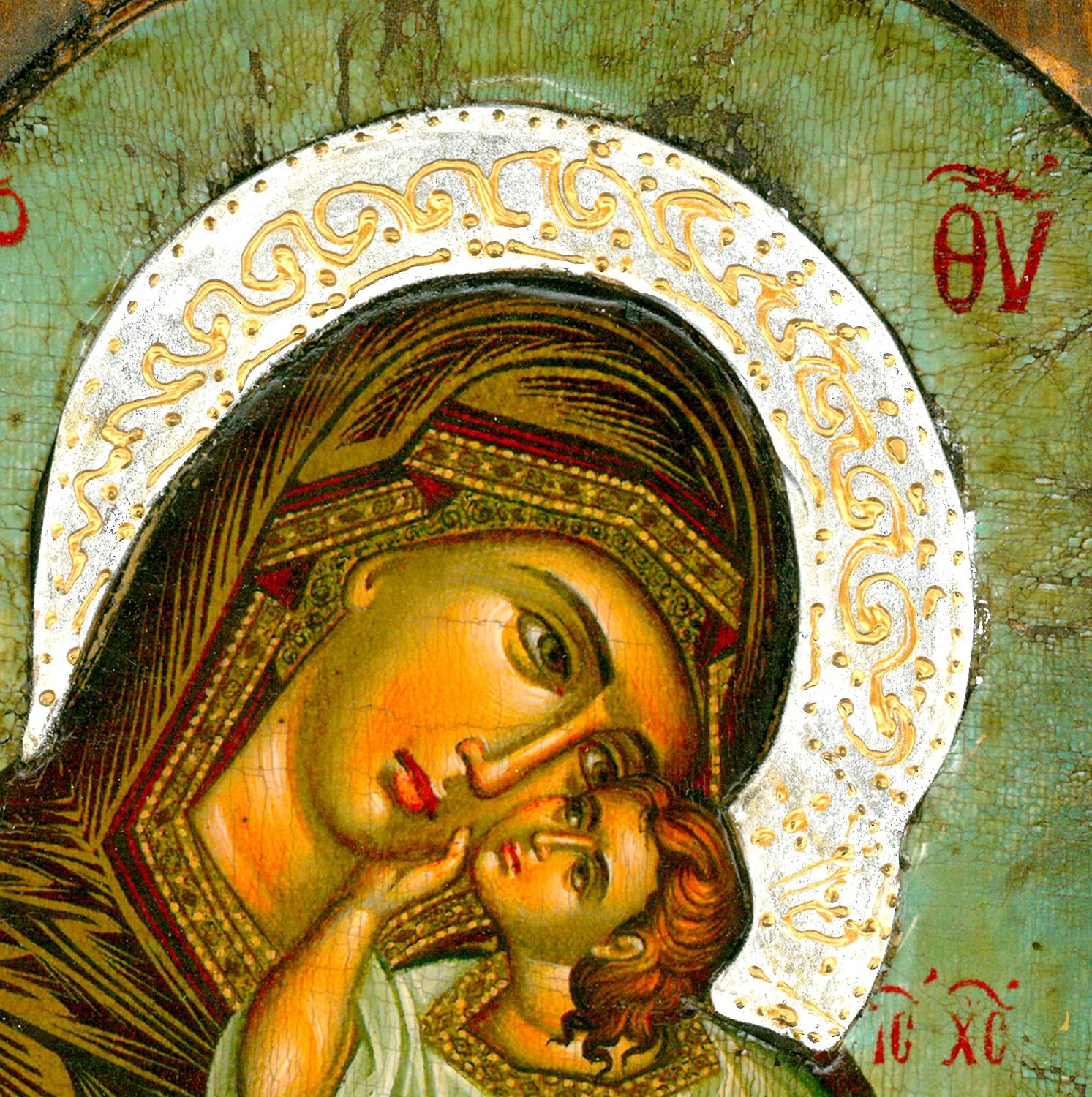 Iconsgr Handmade Greek Christian Orthodox Wood Icon of Virgin Mary and Jesus Christ On Canvas / M57